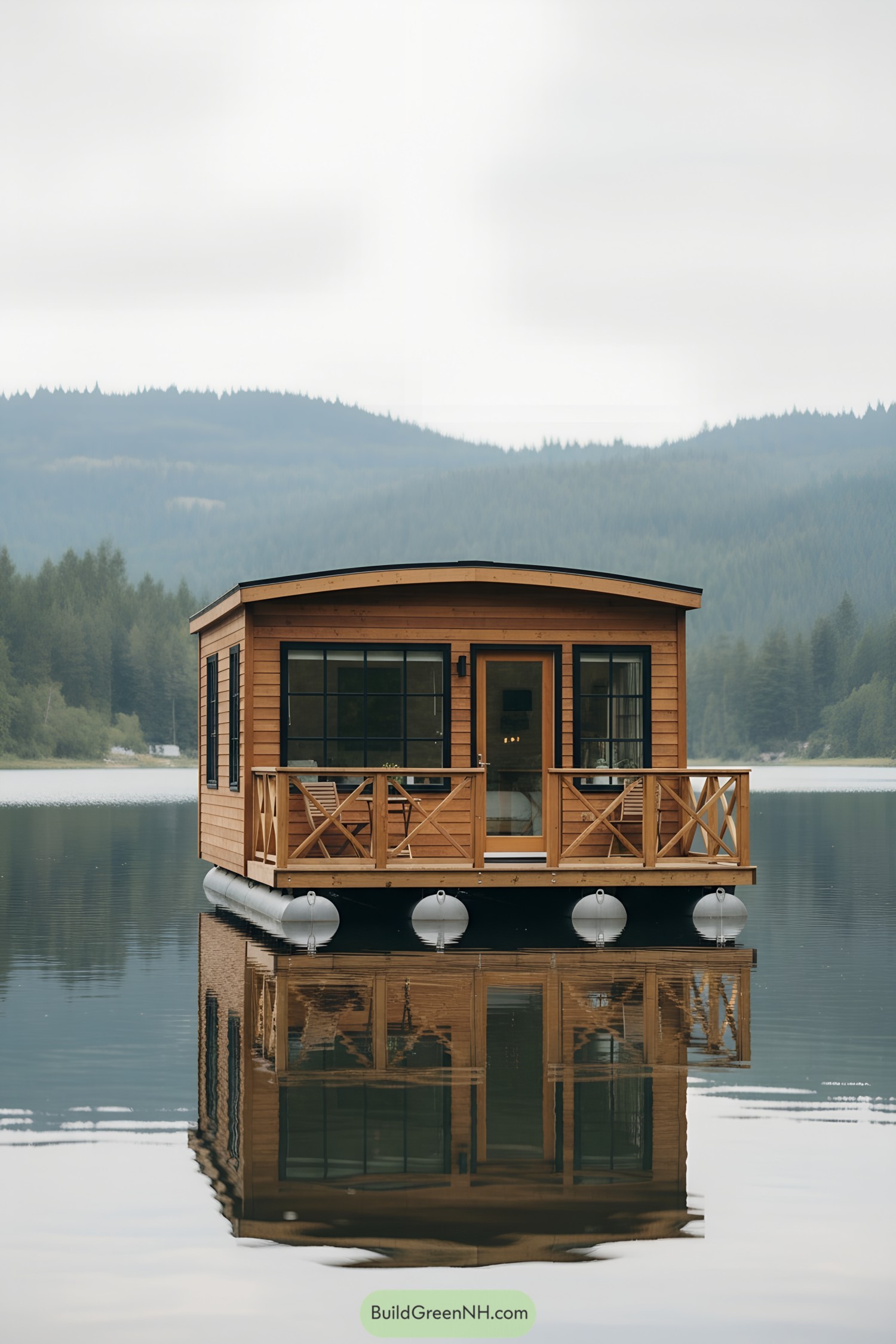 Small wooden house afloat on a lake with misty hills in the background