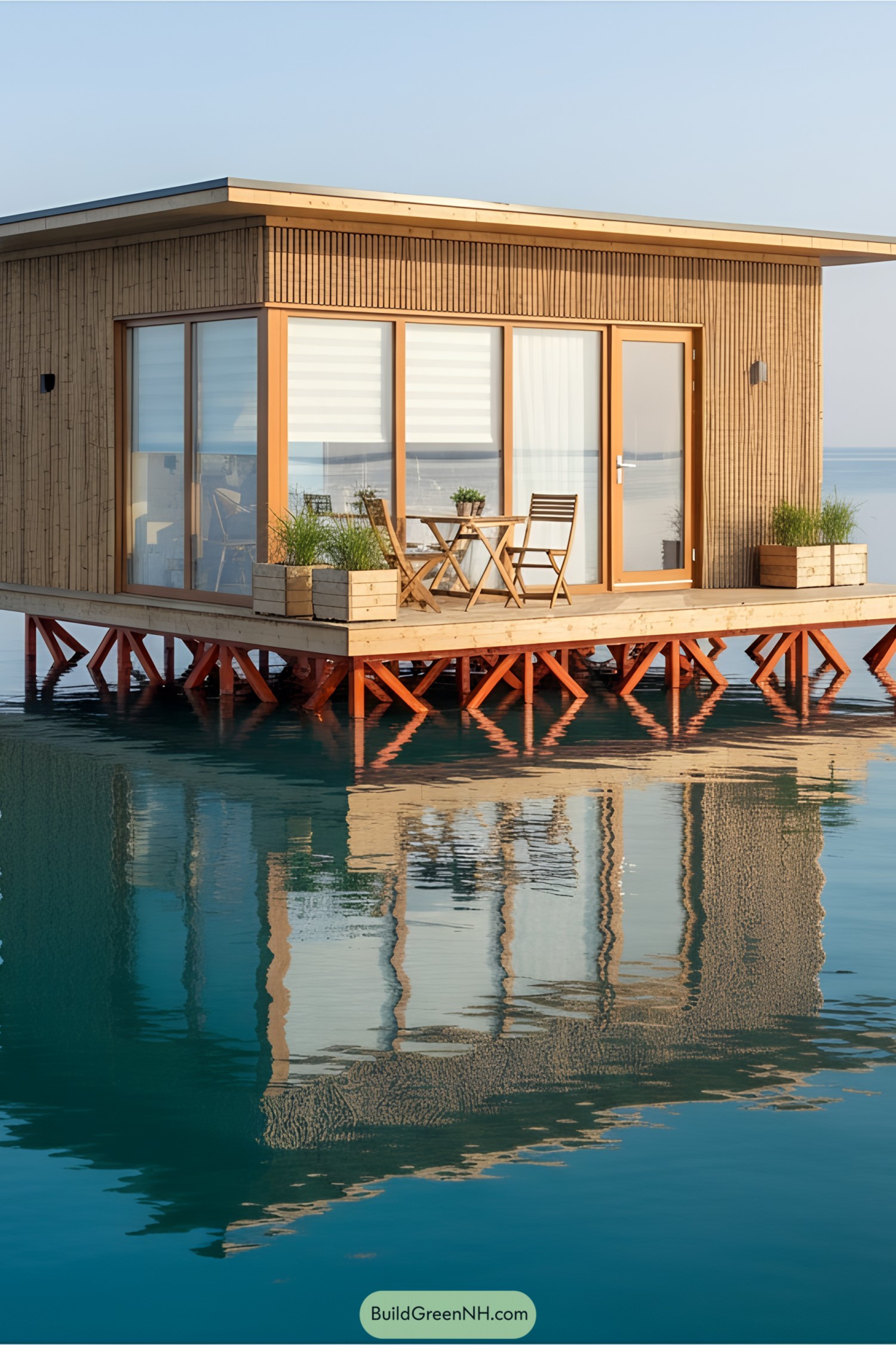 Compact home floating on calm blue water, featuring a sleek wooden deck with chairs