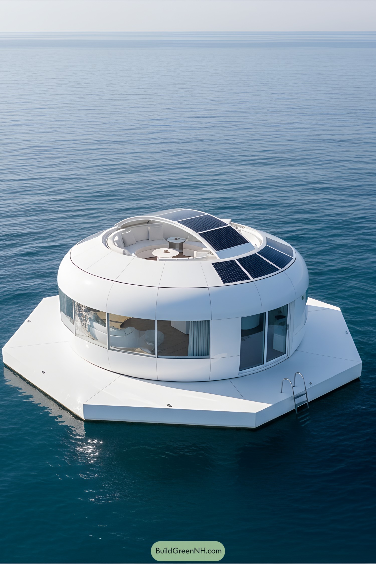 Modern circular floating house on calm sea