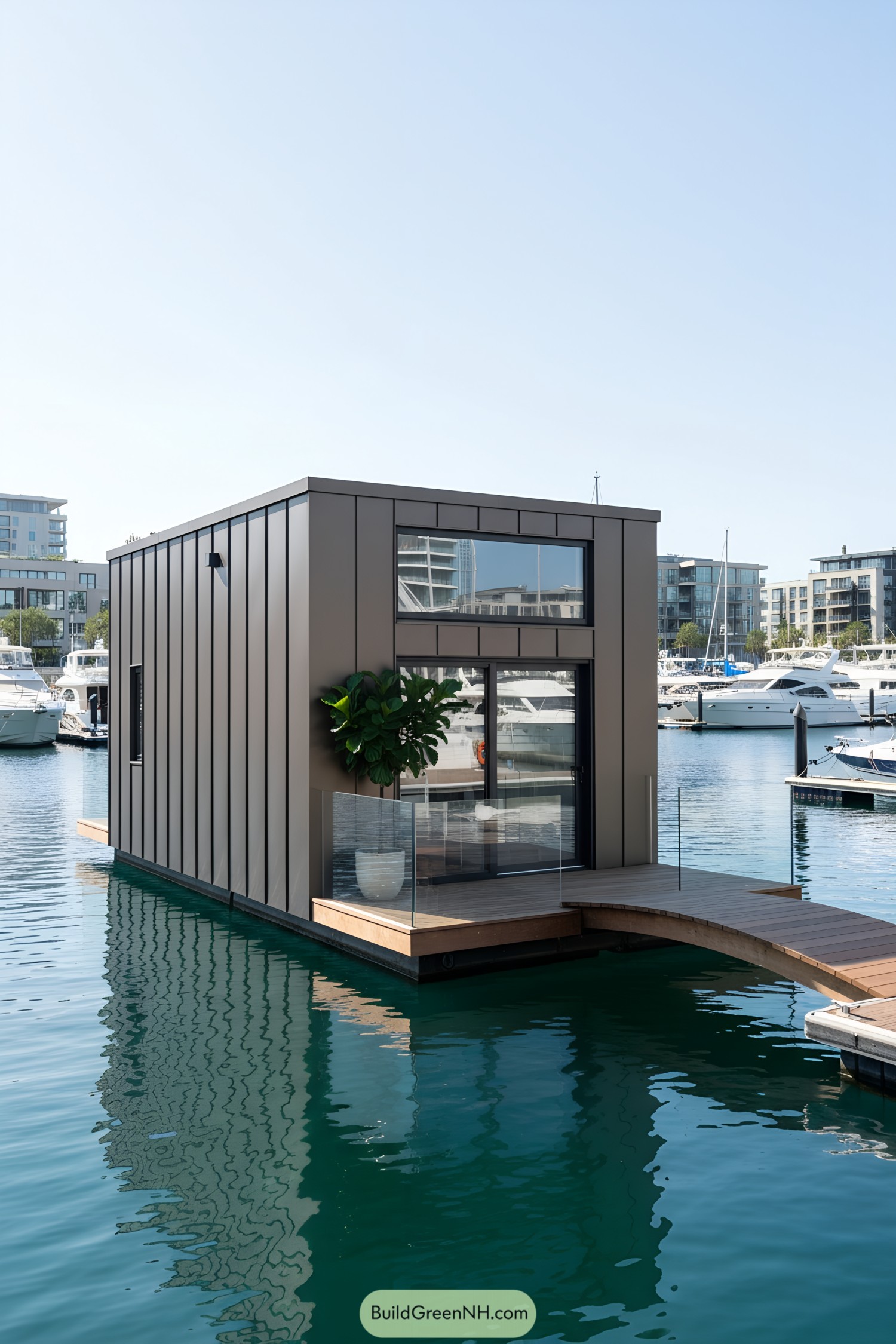 Modern tiny house floating on water in a marina
