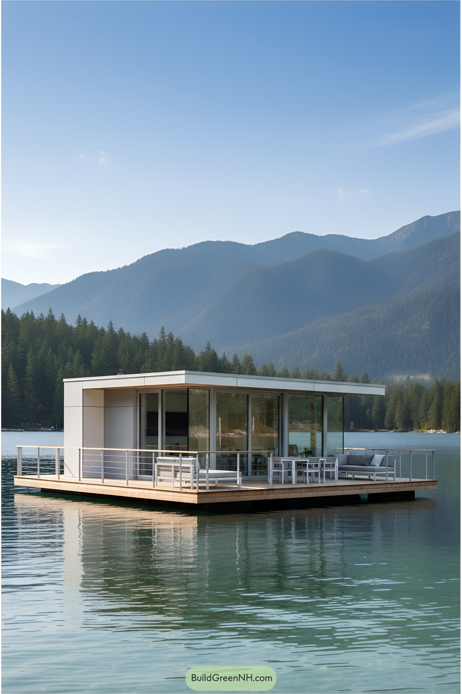 Modern floating tiny house with large windows on a lake