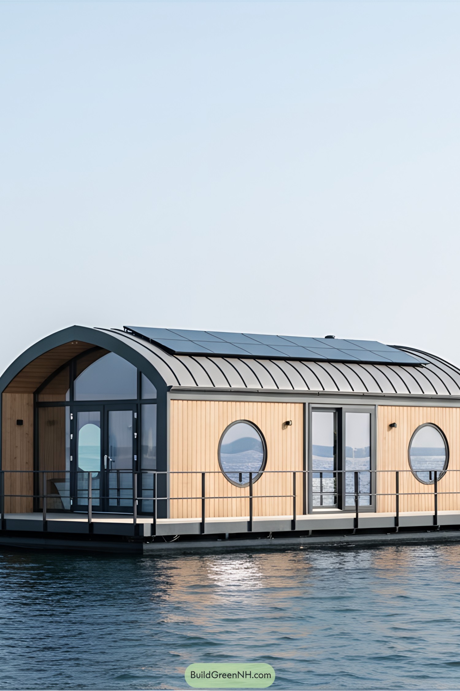 Floating house with circular windows and solar panels
