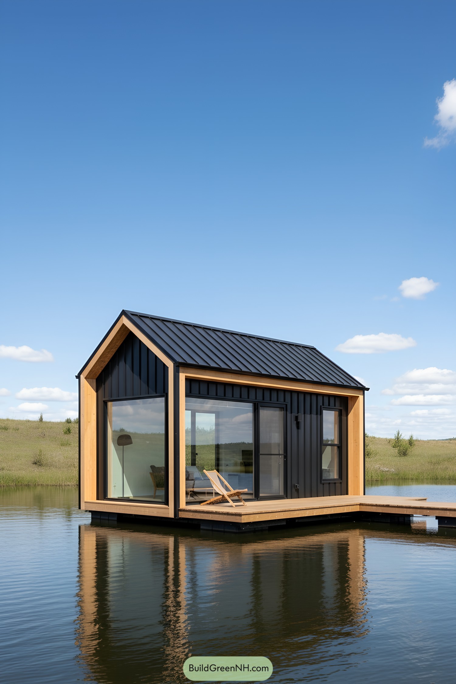 Tiny floating house with large windows on calm water