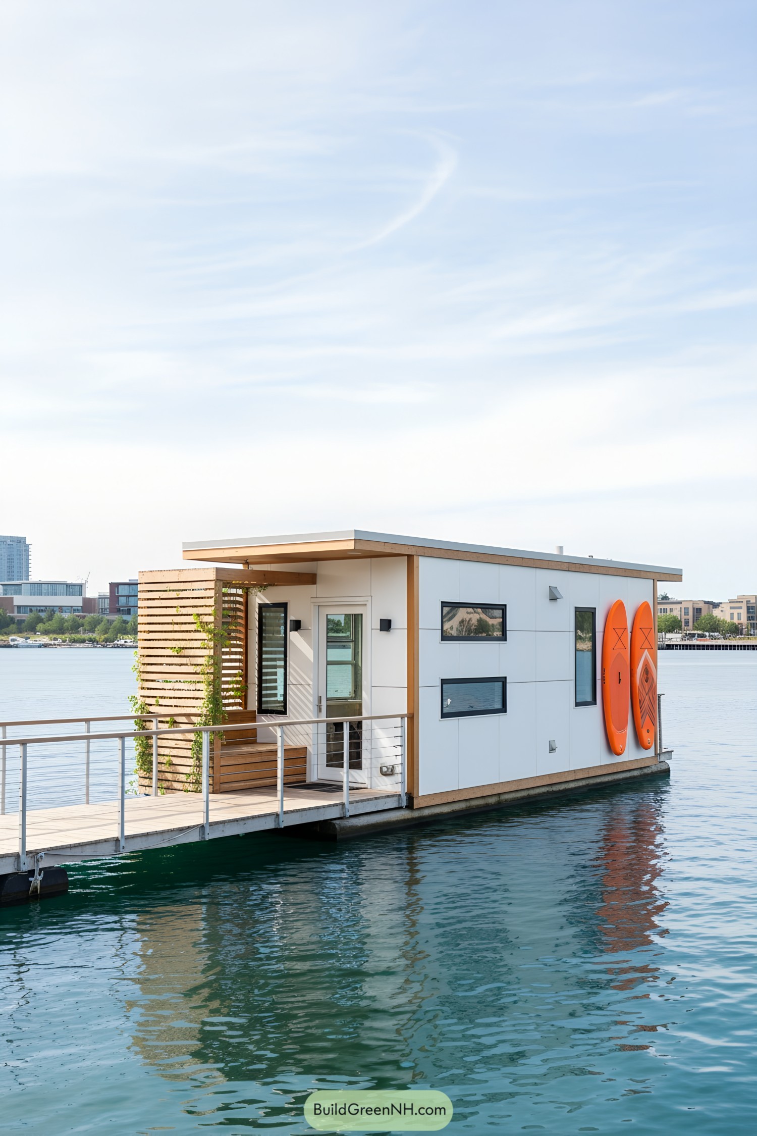 Modern tiny house afloat on clear blue waters