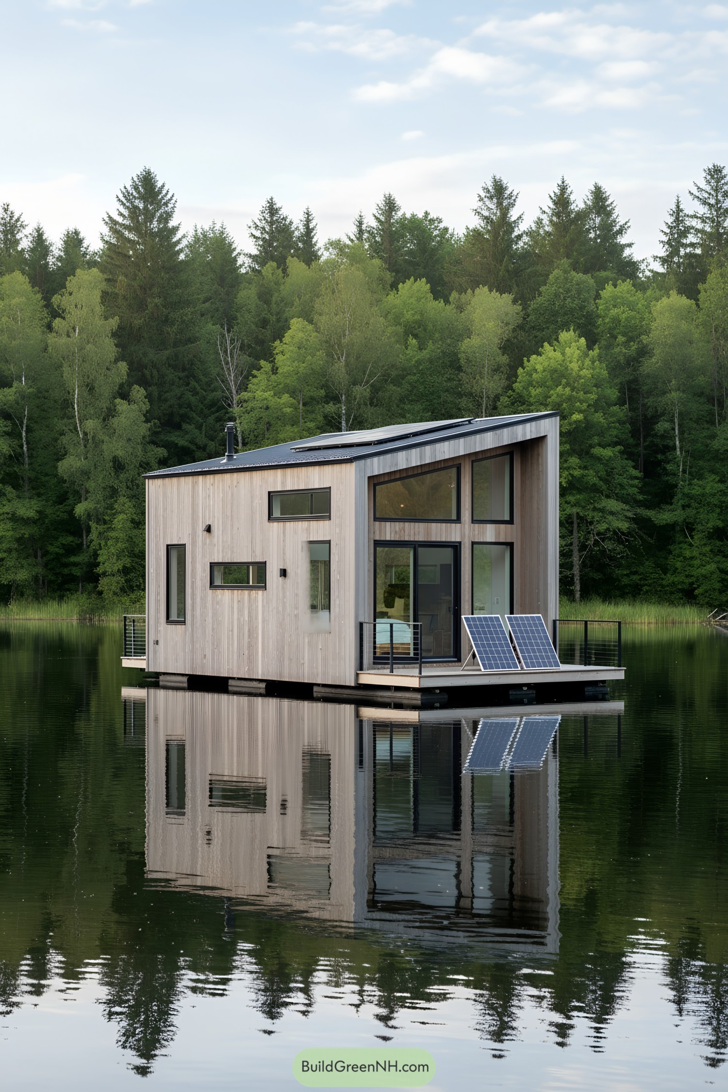 Floating house with solar panels docked on a calm lake