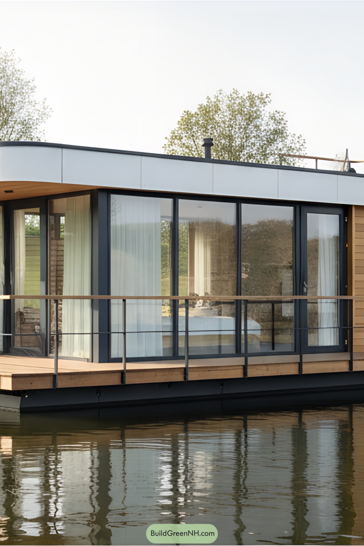 Modern house floating on peaceful water with glass walls
