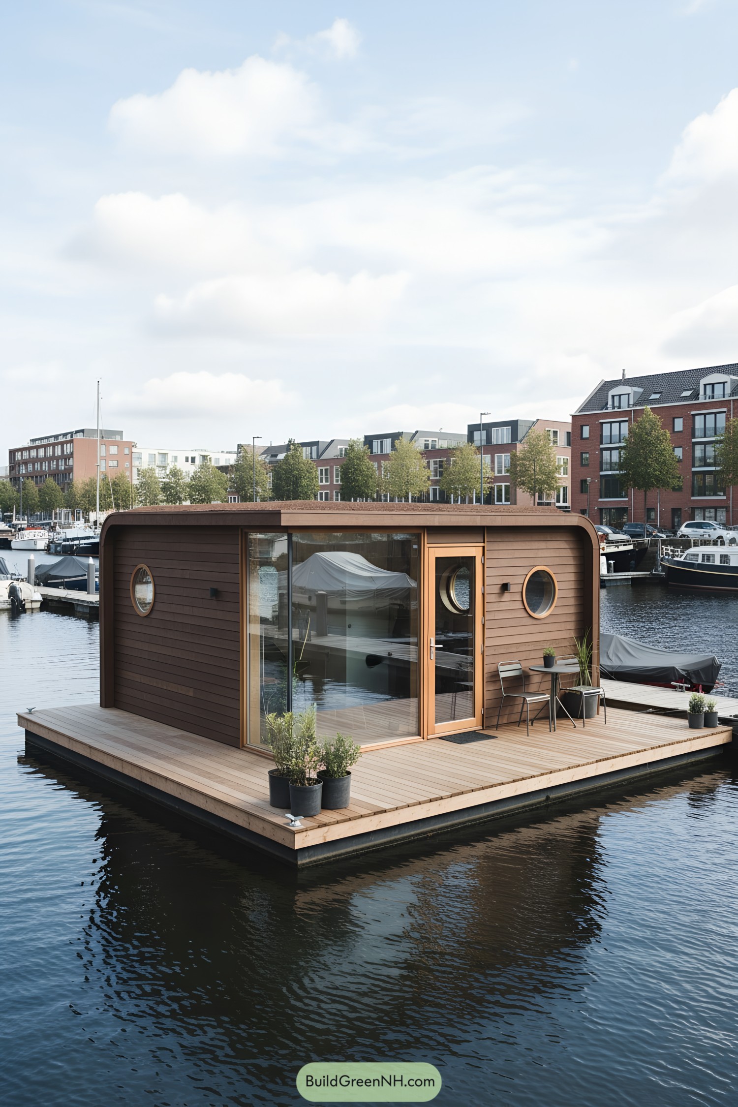 Floating tiny house with porthole windows and wooden deck