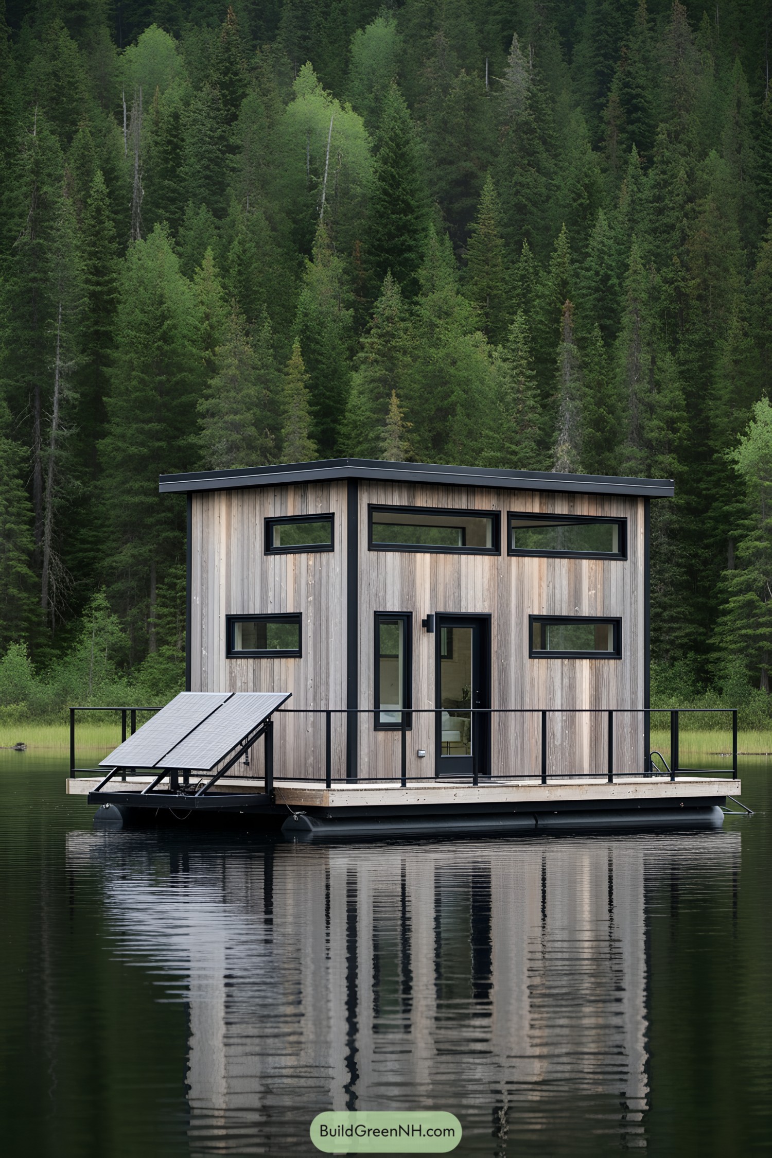 Compact floating home in a serene forest setting