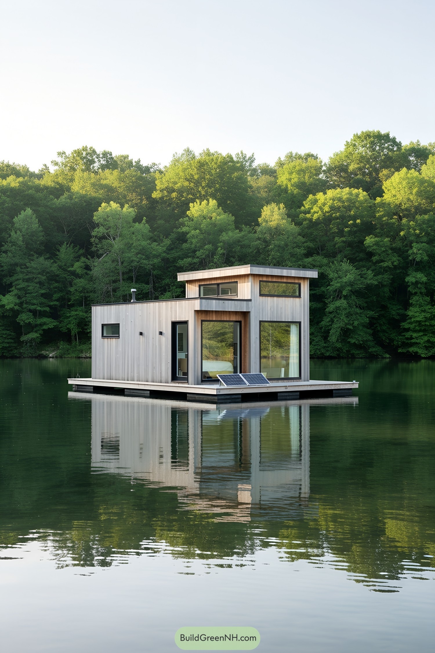 Floating home on tranquil water surrounded by lush trees
