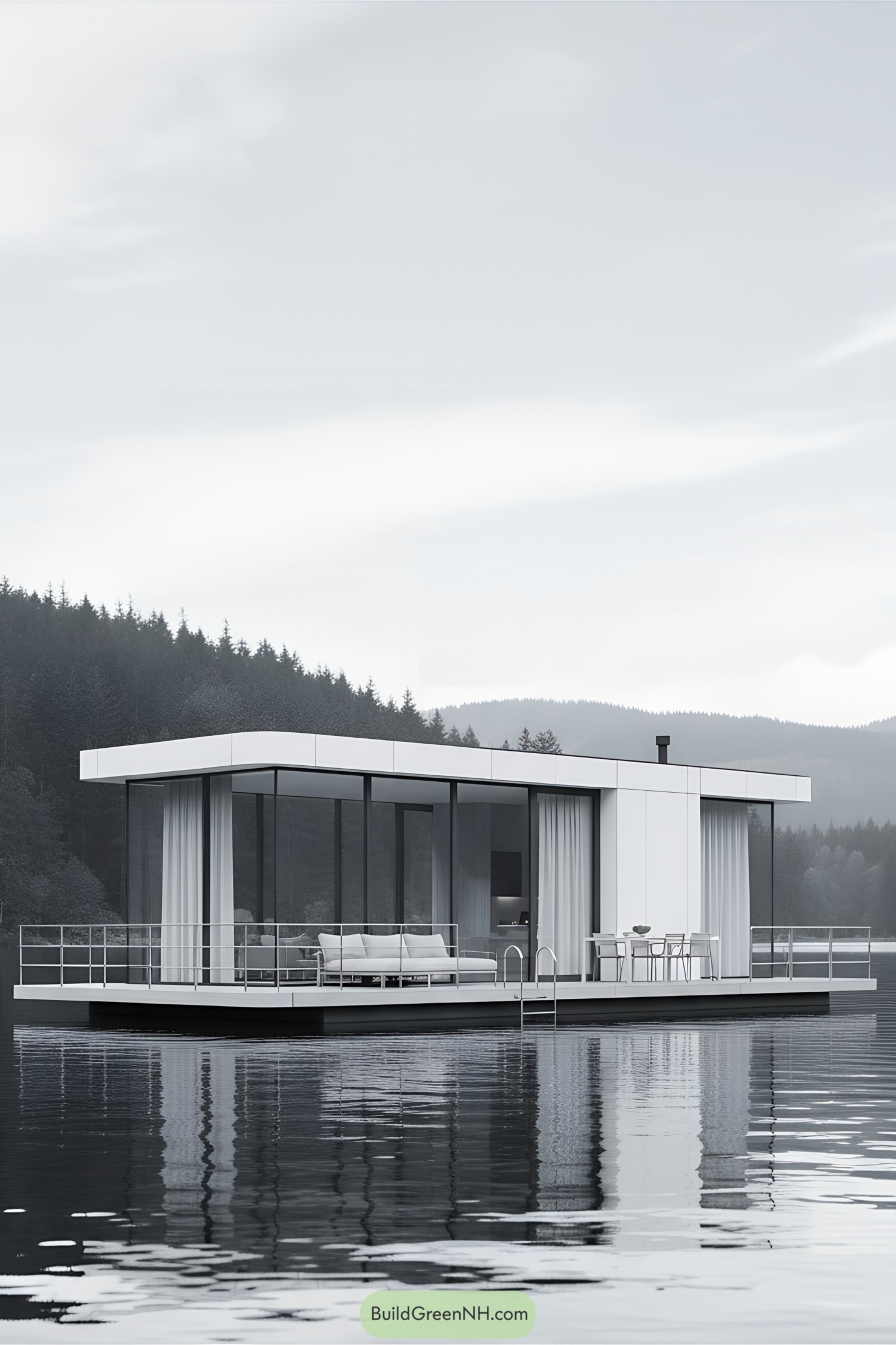 Modern floating tiny house with a sleek design on a calm lake