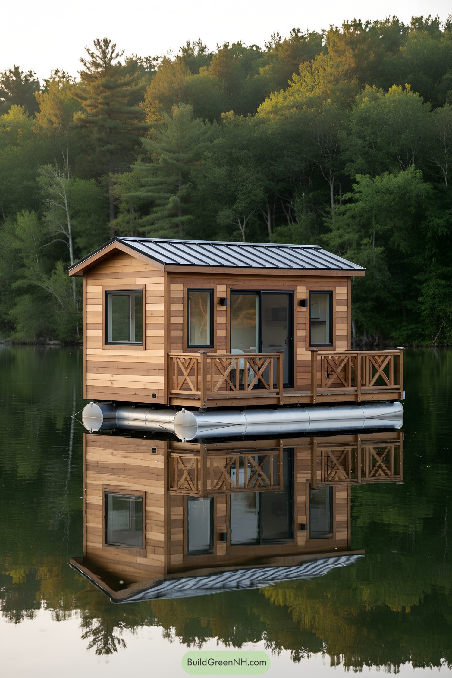 Small wooden house floating on water against a forest backdrop