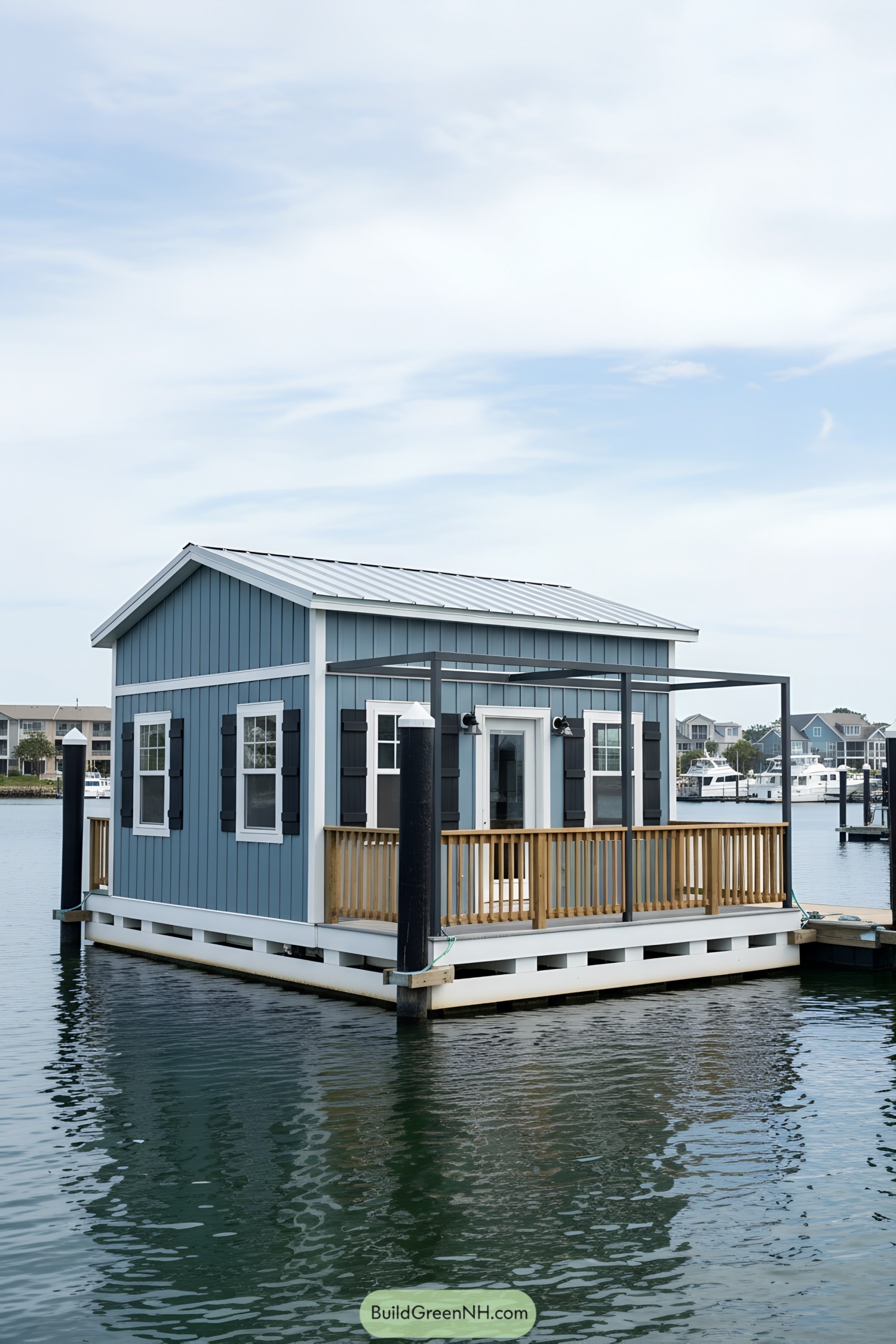 Floating tiny house with blue siding and white trim