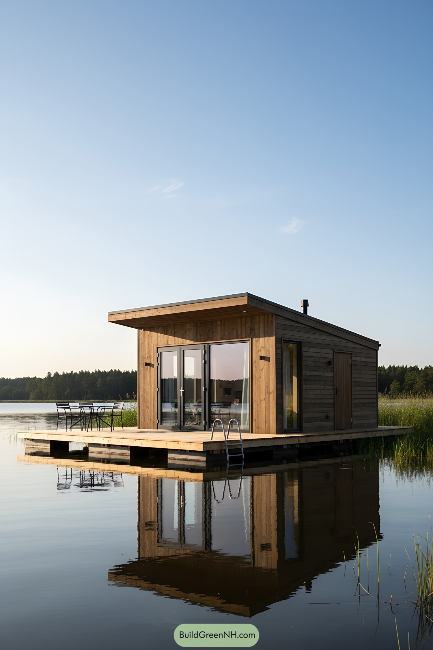Small wooden house floating on calm water with glass doors