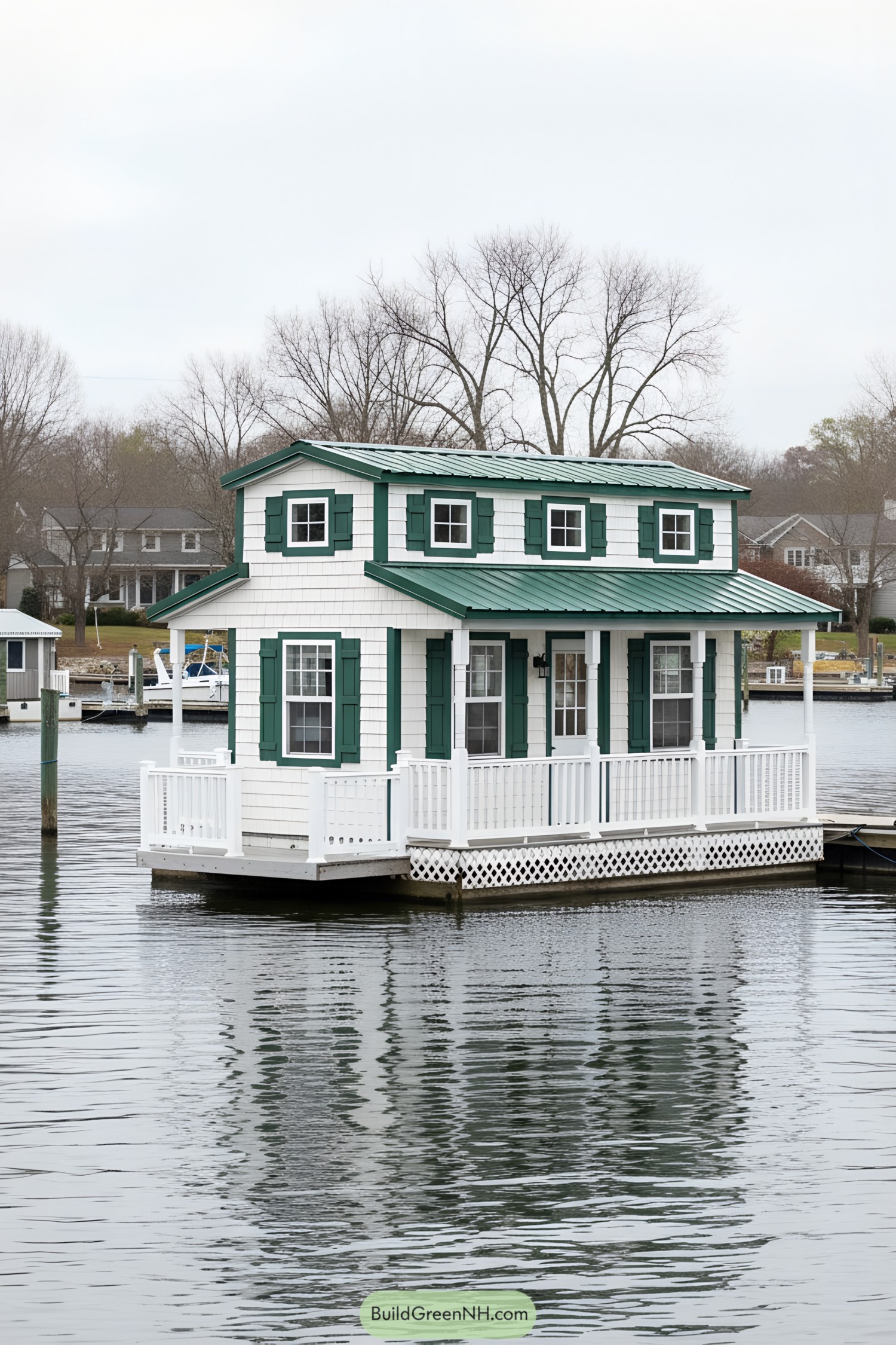 Small floating house with green trim and white railing on water