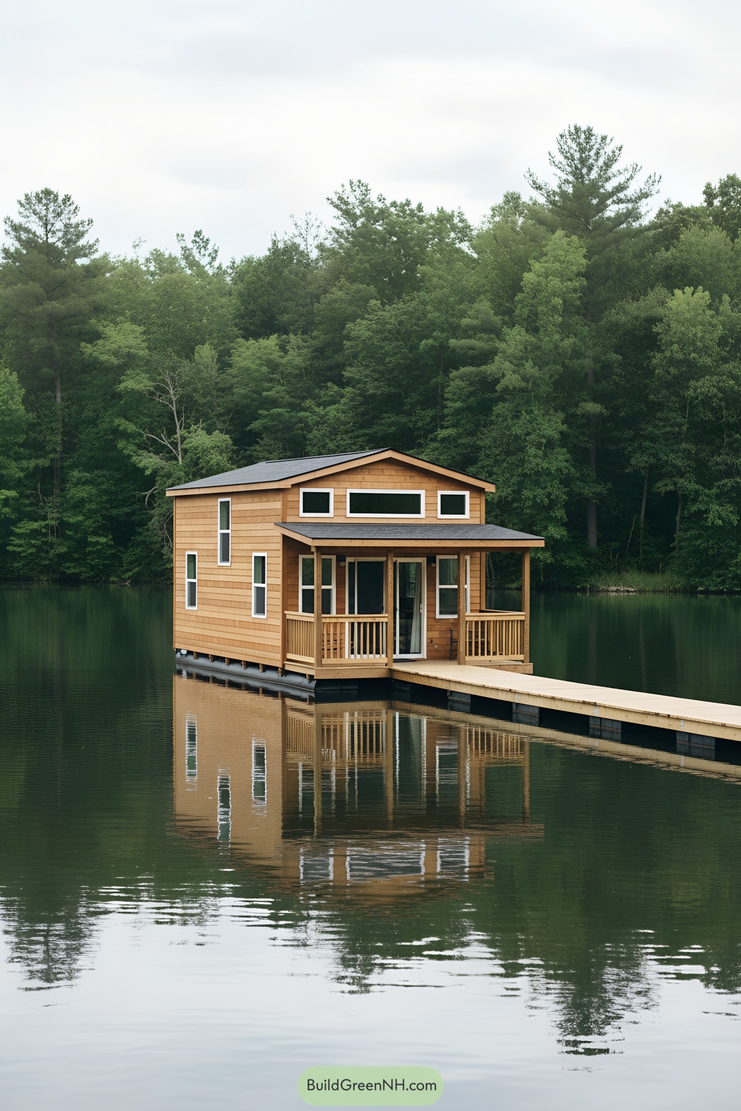 Wooden tiny house floating on a calm lake