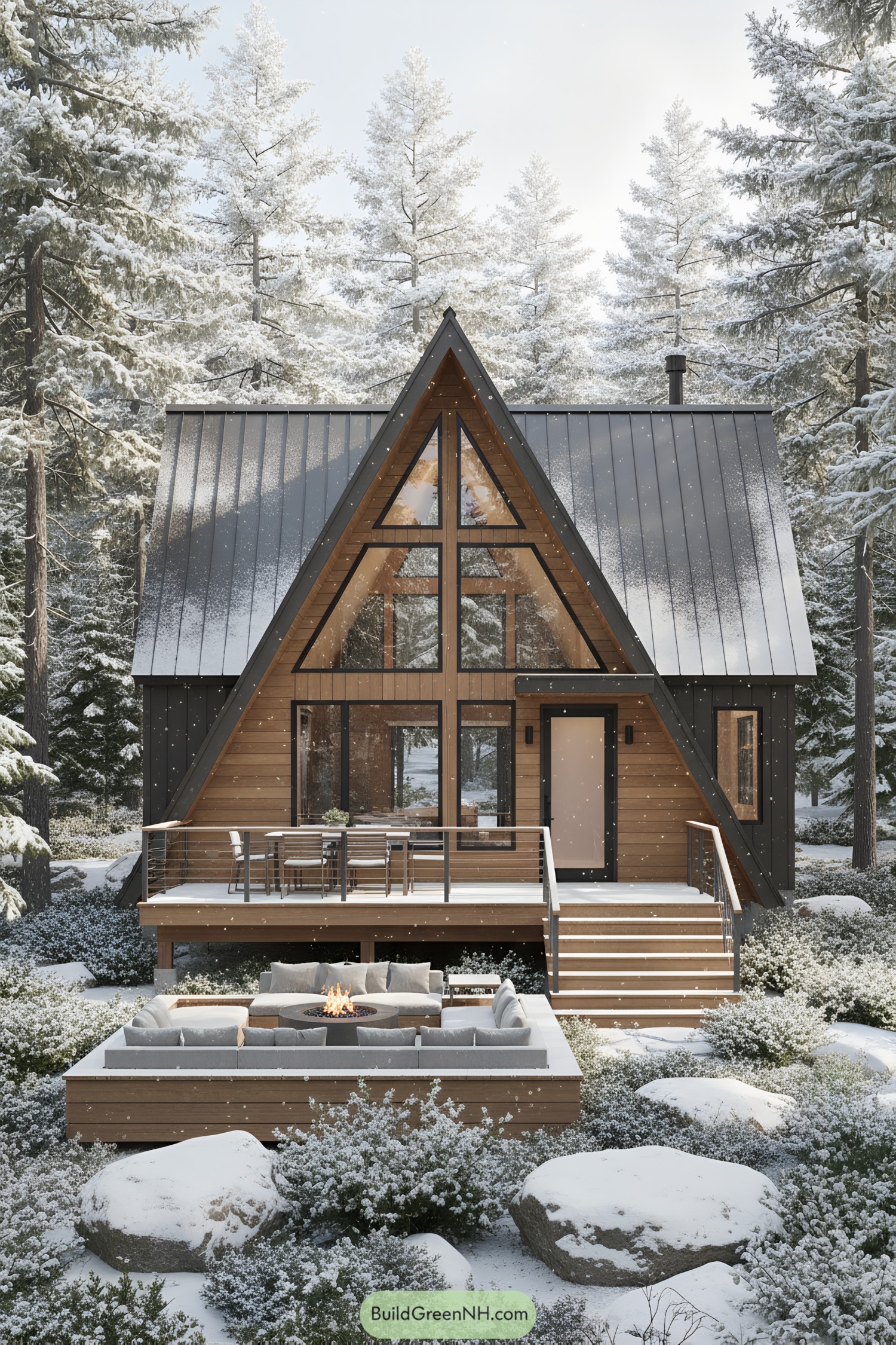 A-frame cottage in a snowy forest