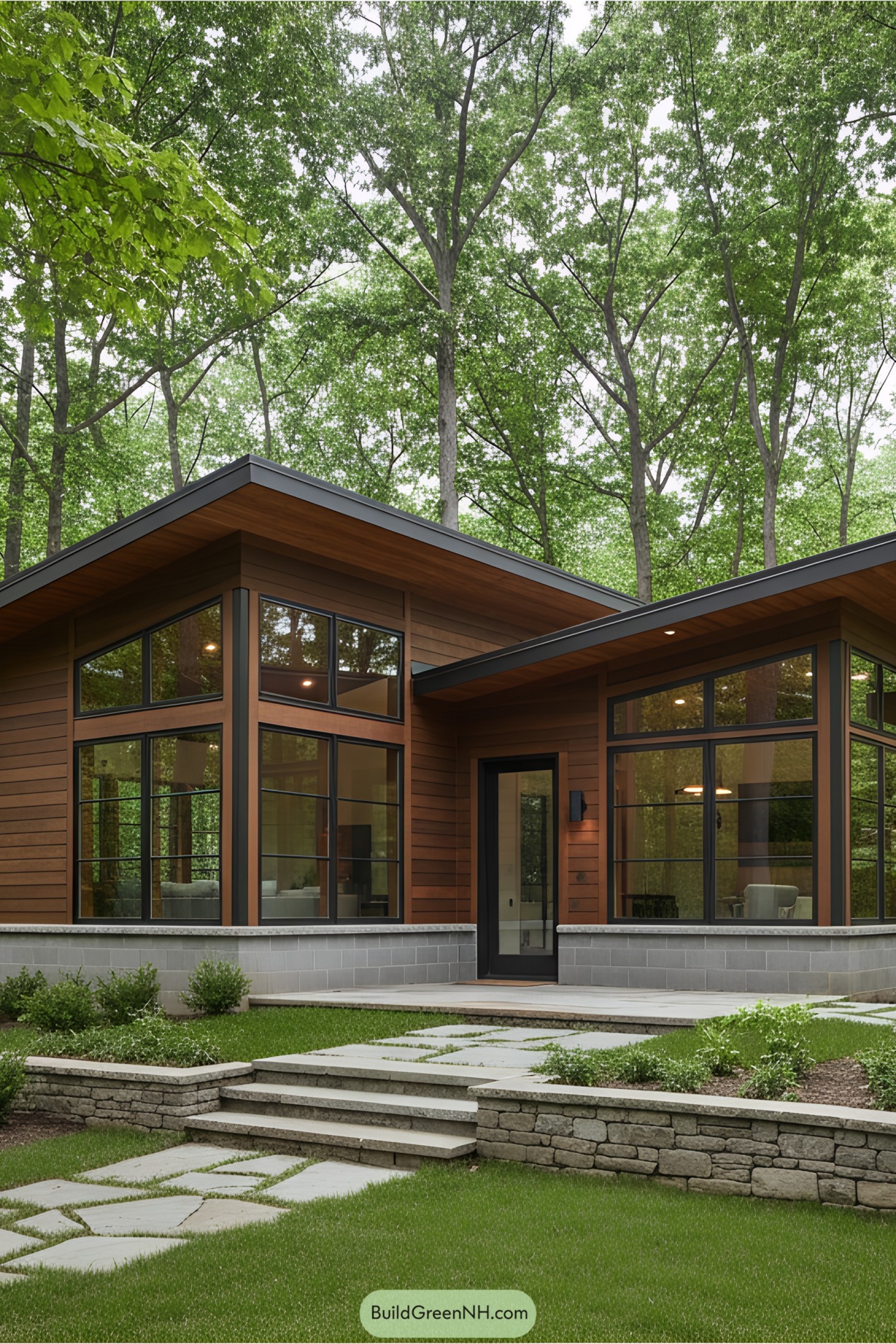 Contemporary cottage nestled among forest trees