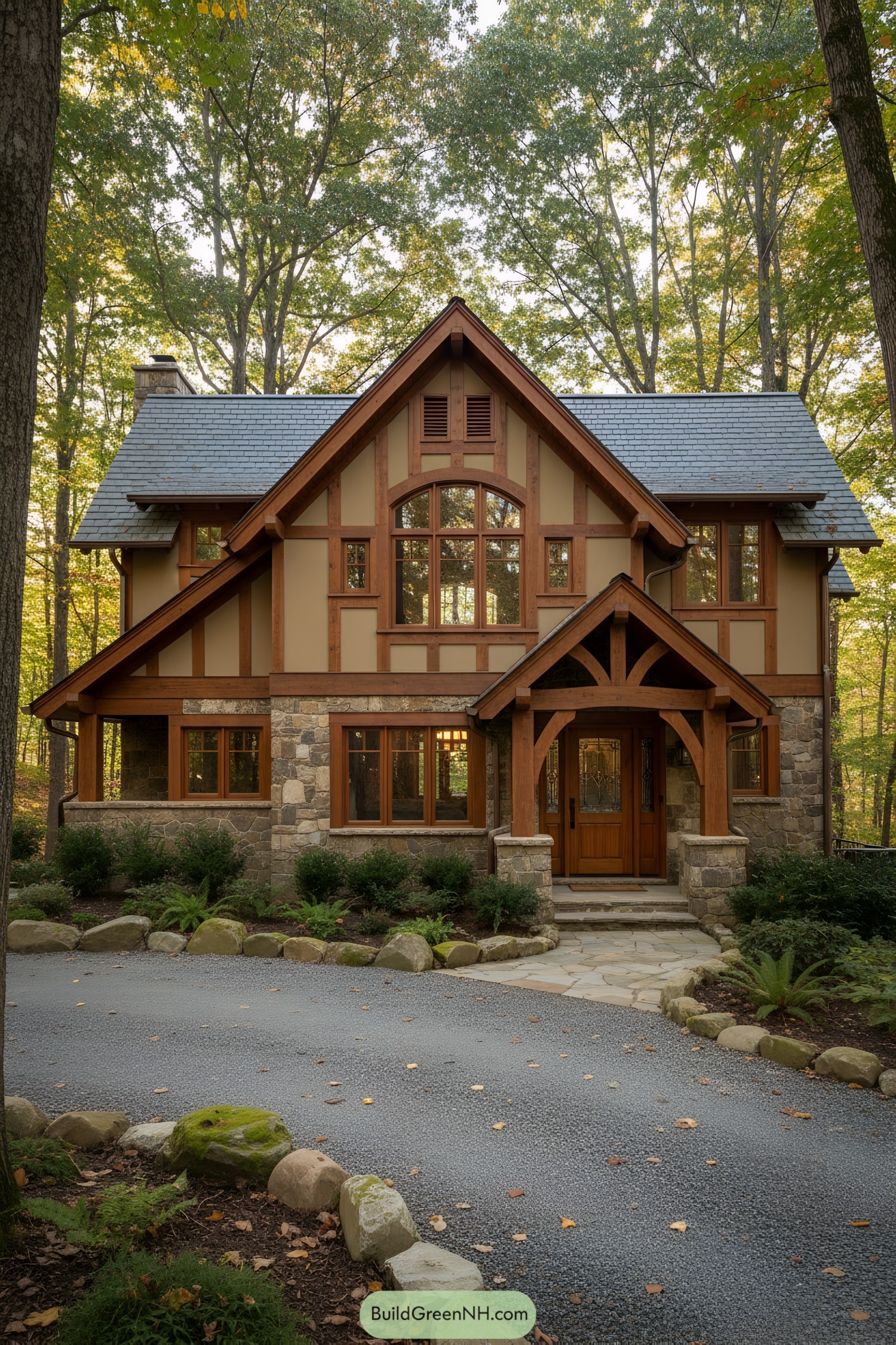 Quaint cottage house surrounded by lush forest