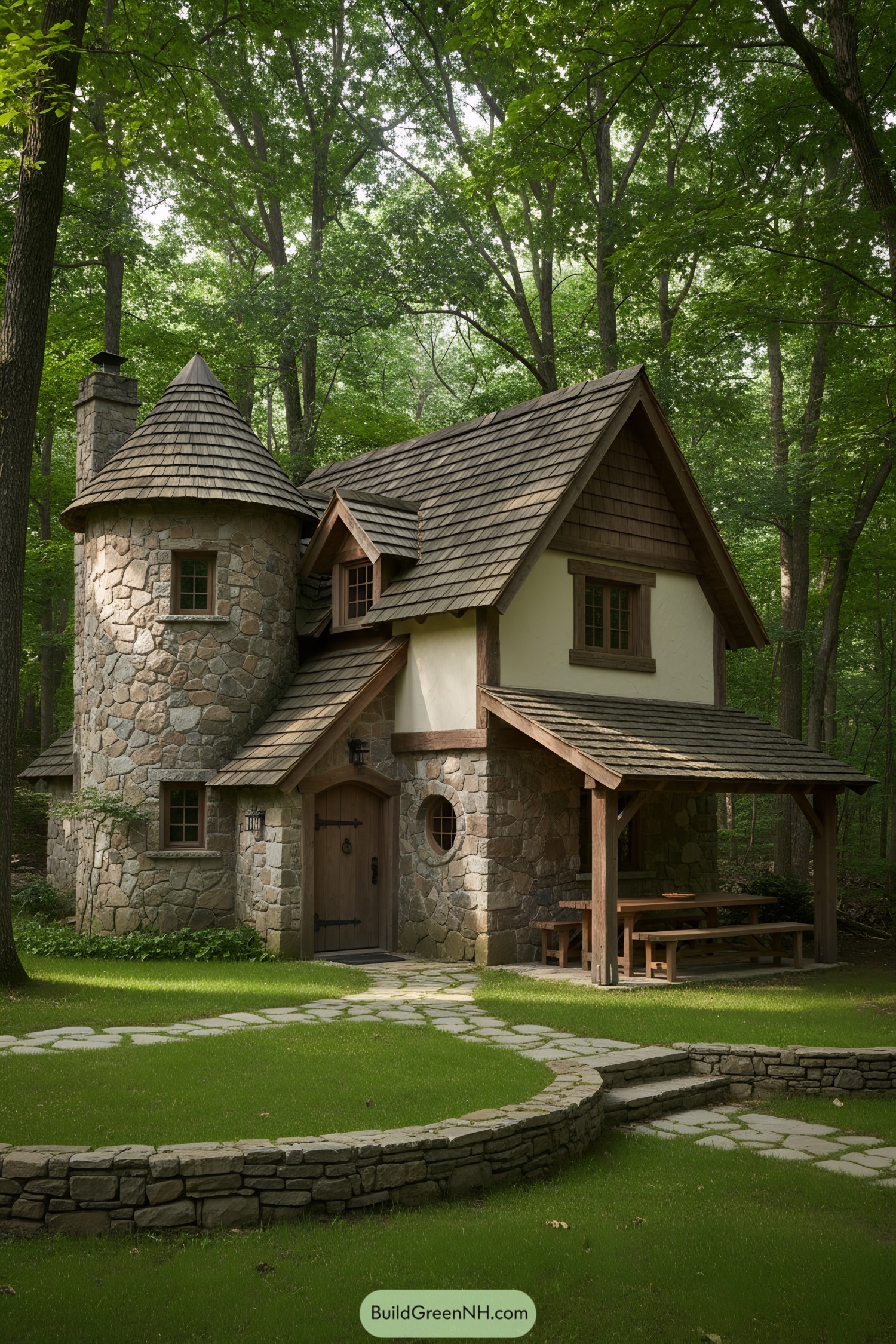 Charming stone cottage nestled in a lush forest