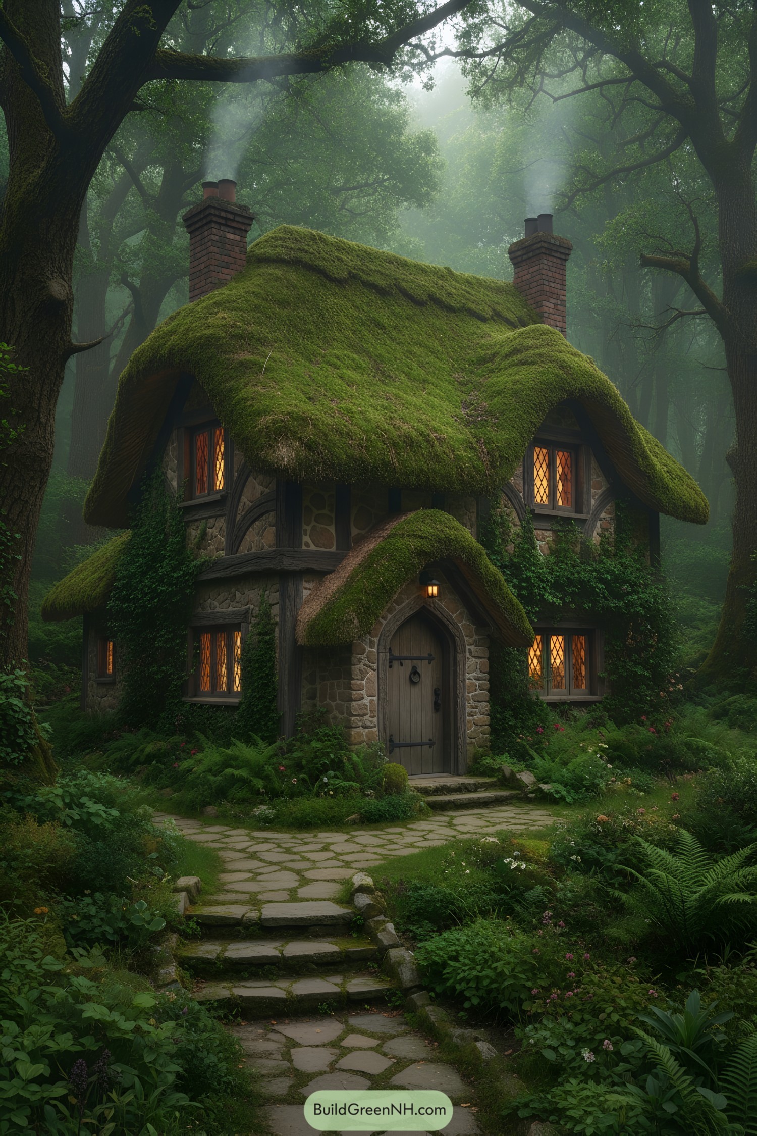 A cozy stone cottage with a moss-covered roof in a lush forest setting
