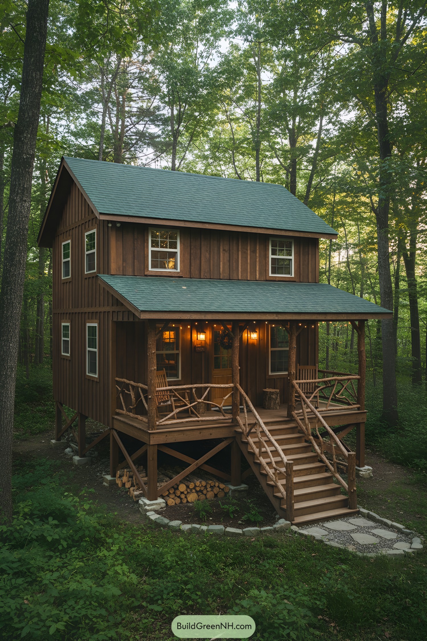 Rustic wooden cabin nestled among dense trees