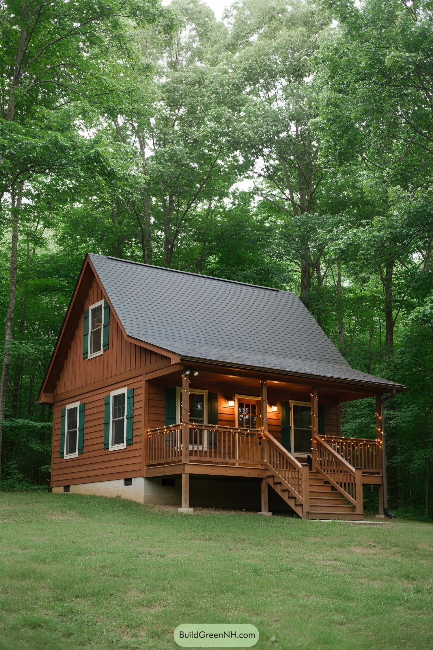 Charming wooden cottage surrounded by lush forest