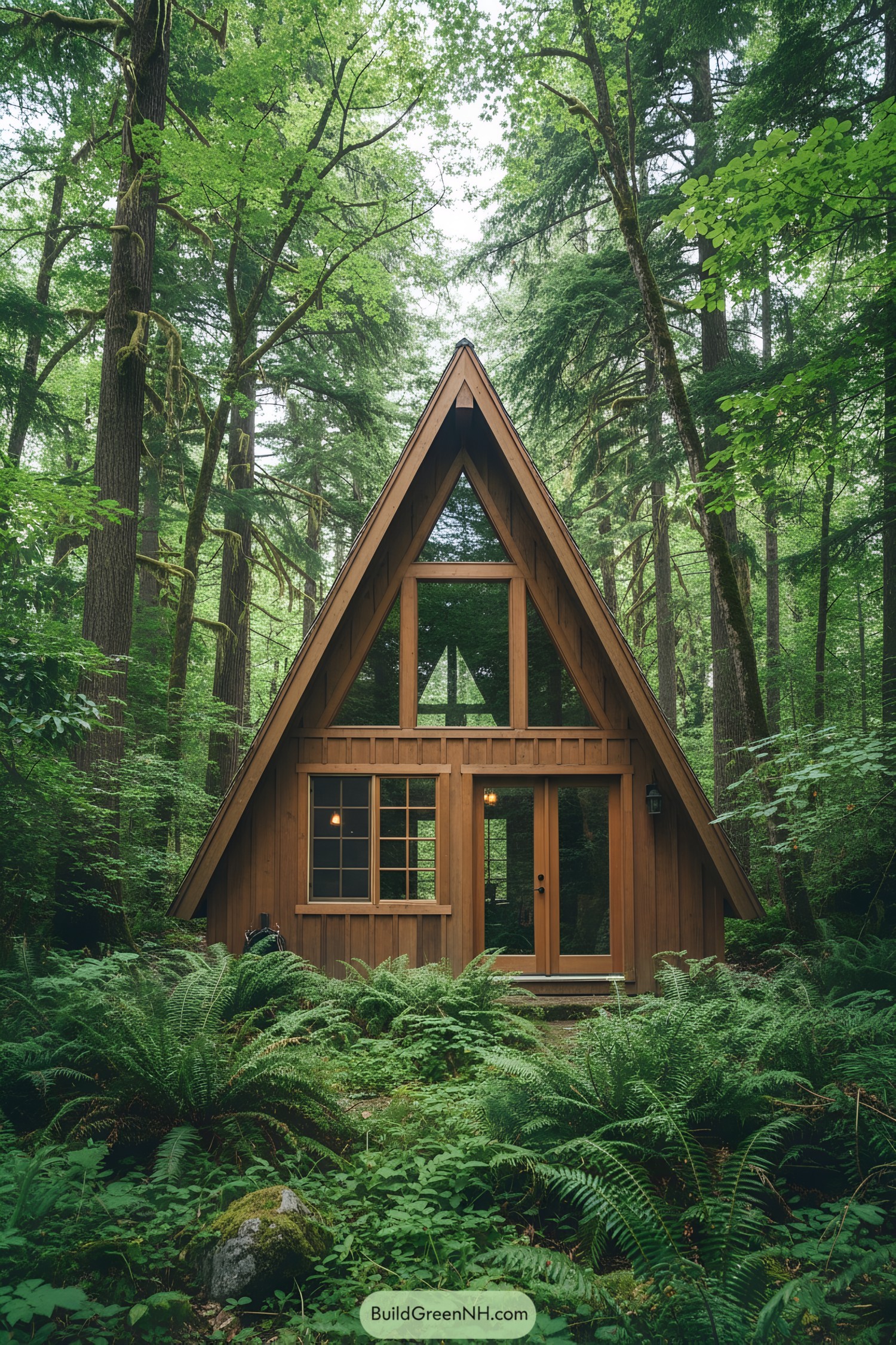 Cozy A-frame cottage nestled among lush green trees and ferns