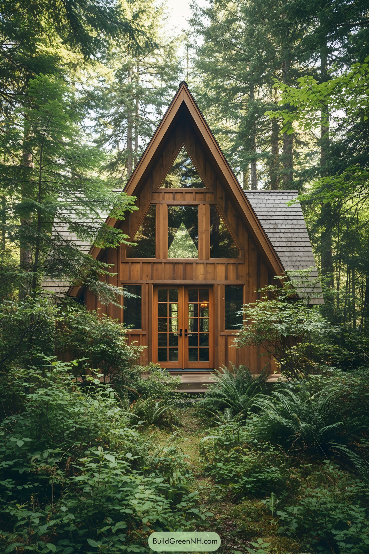 Quaint wooden cottage in a lush forest setting