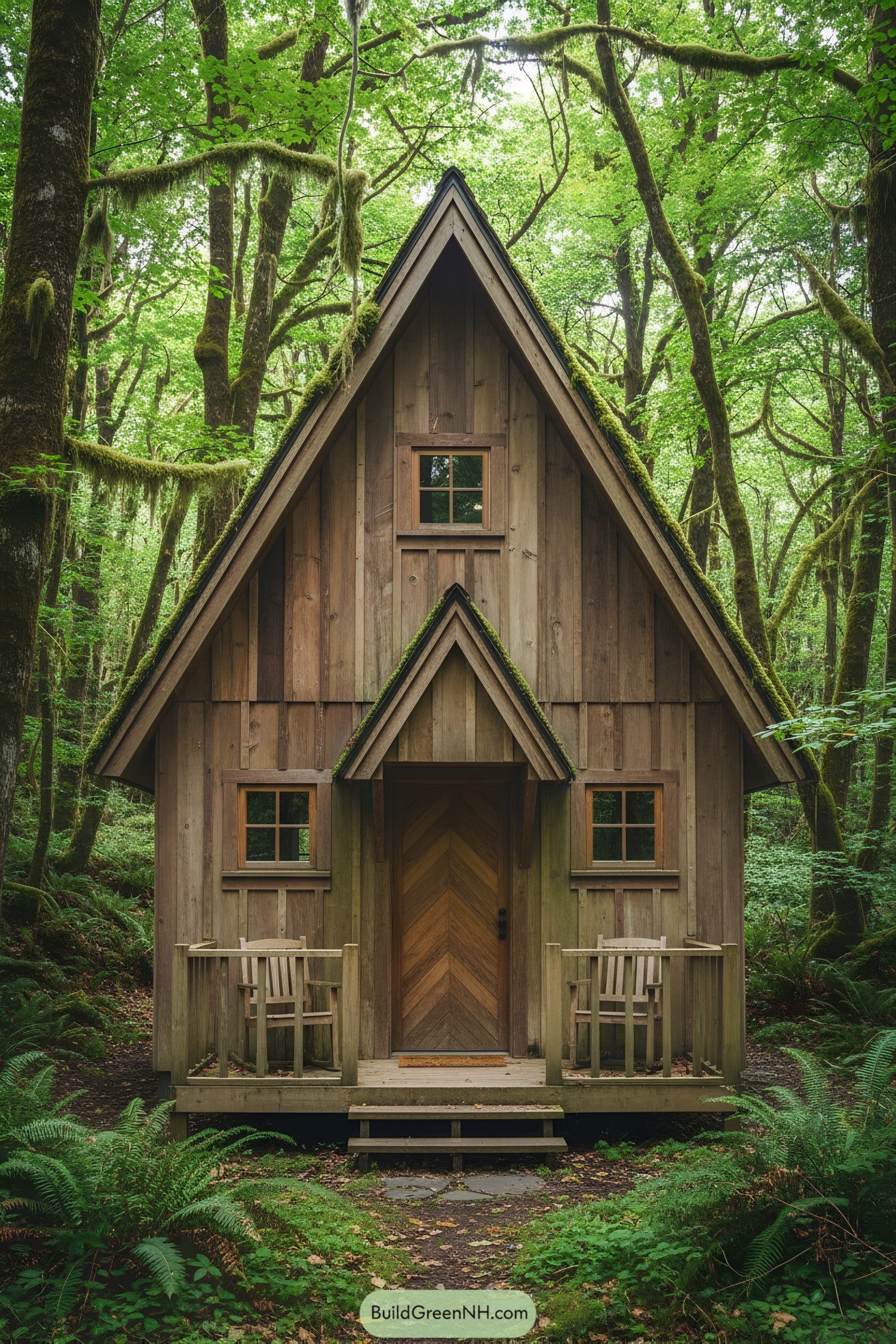 Small wooden cottage nestled in a lush forest
