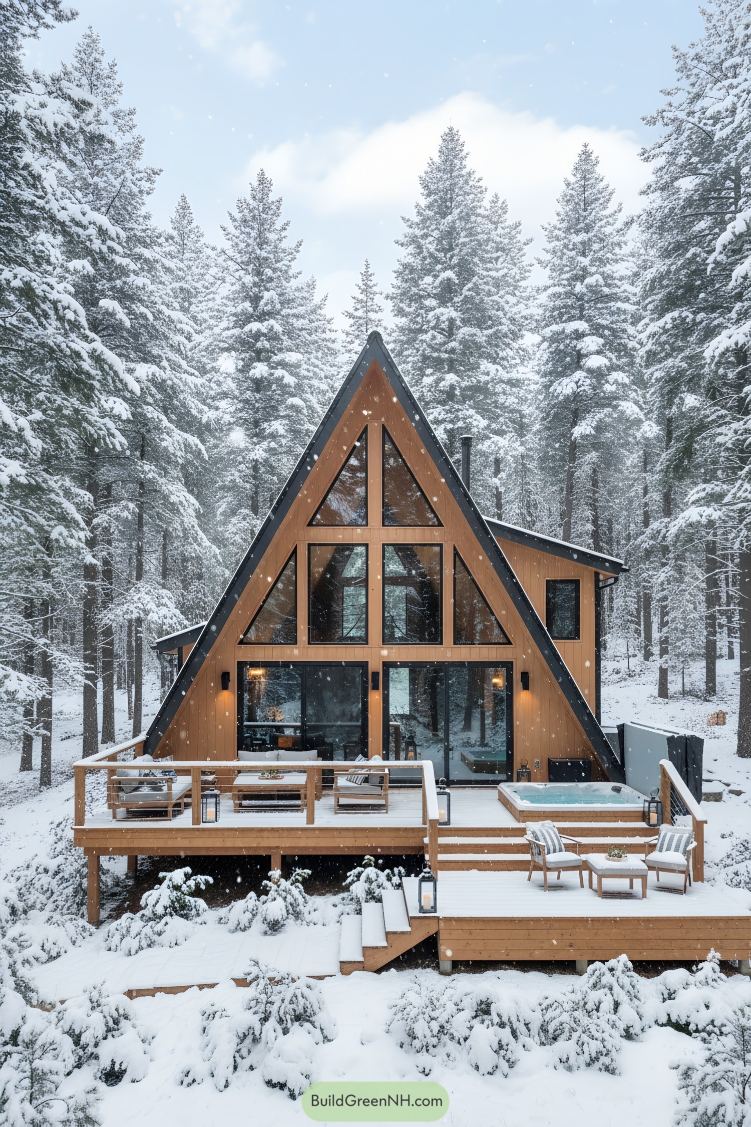 A-frame cabin surrounded by snow-laden trees