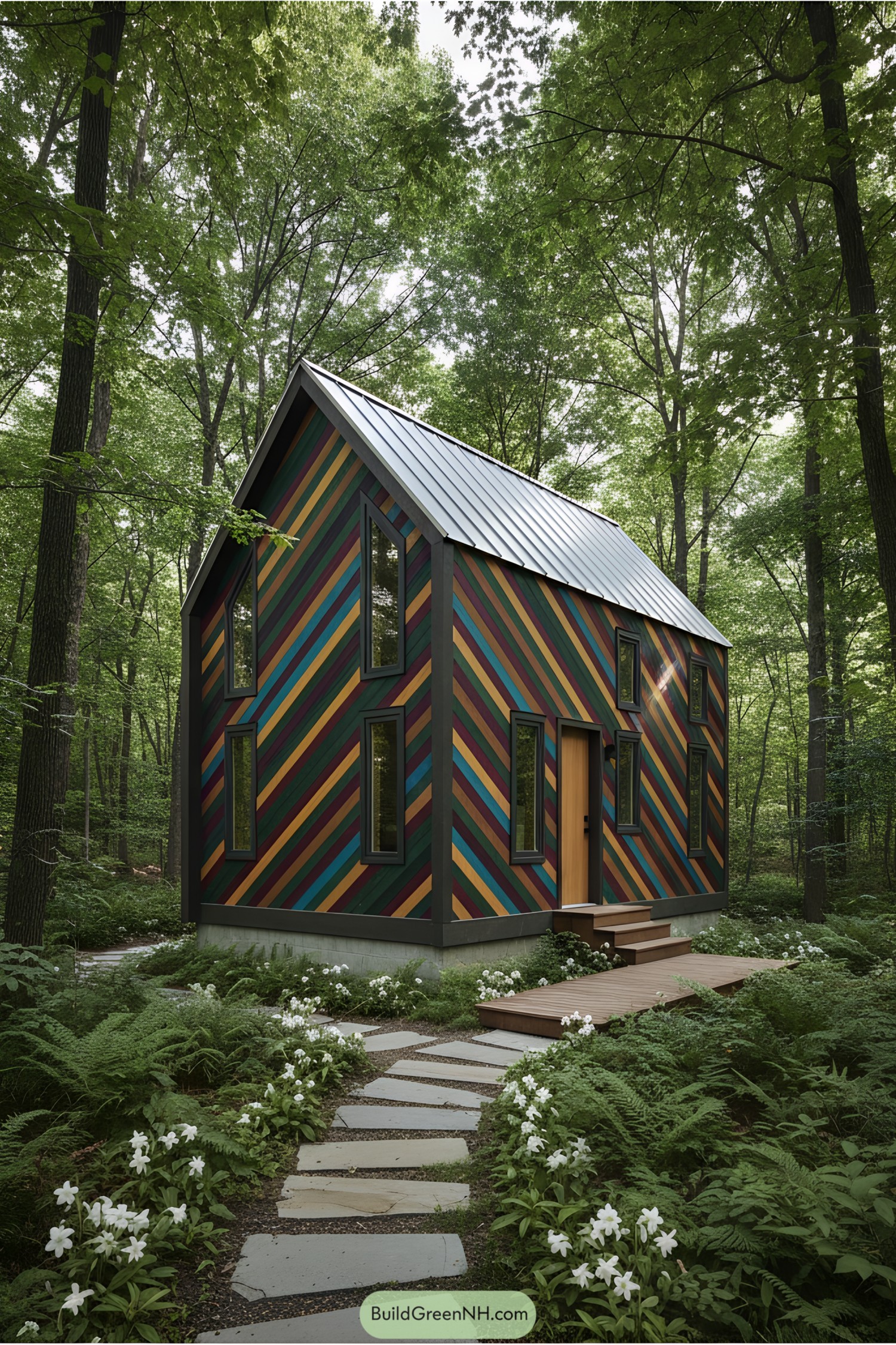 Small cottage with diagonal multi-colored slats in a forest setting