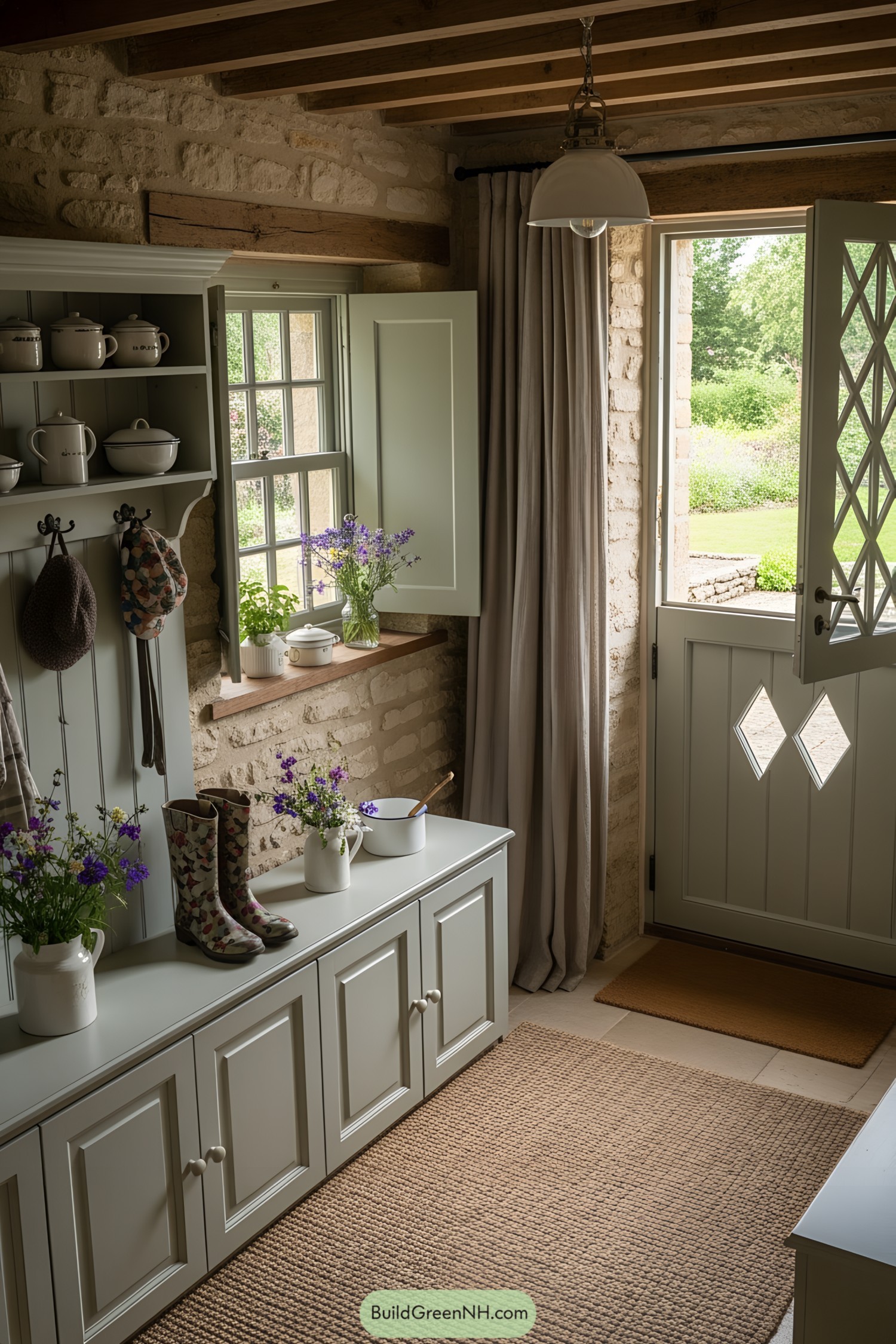 Cozy entrance with rustic vibes and fresh flowers