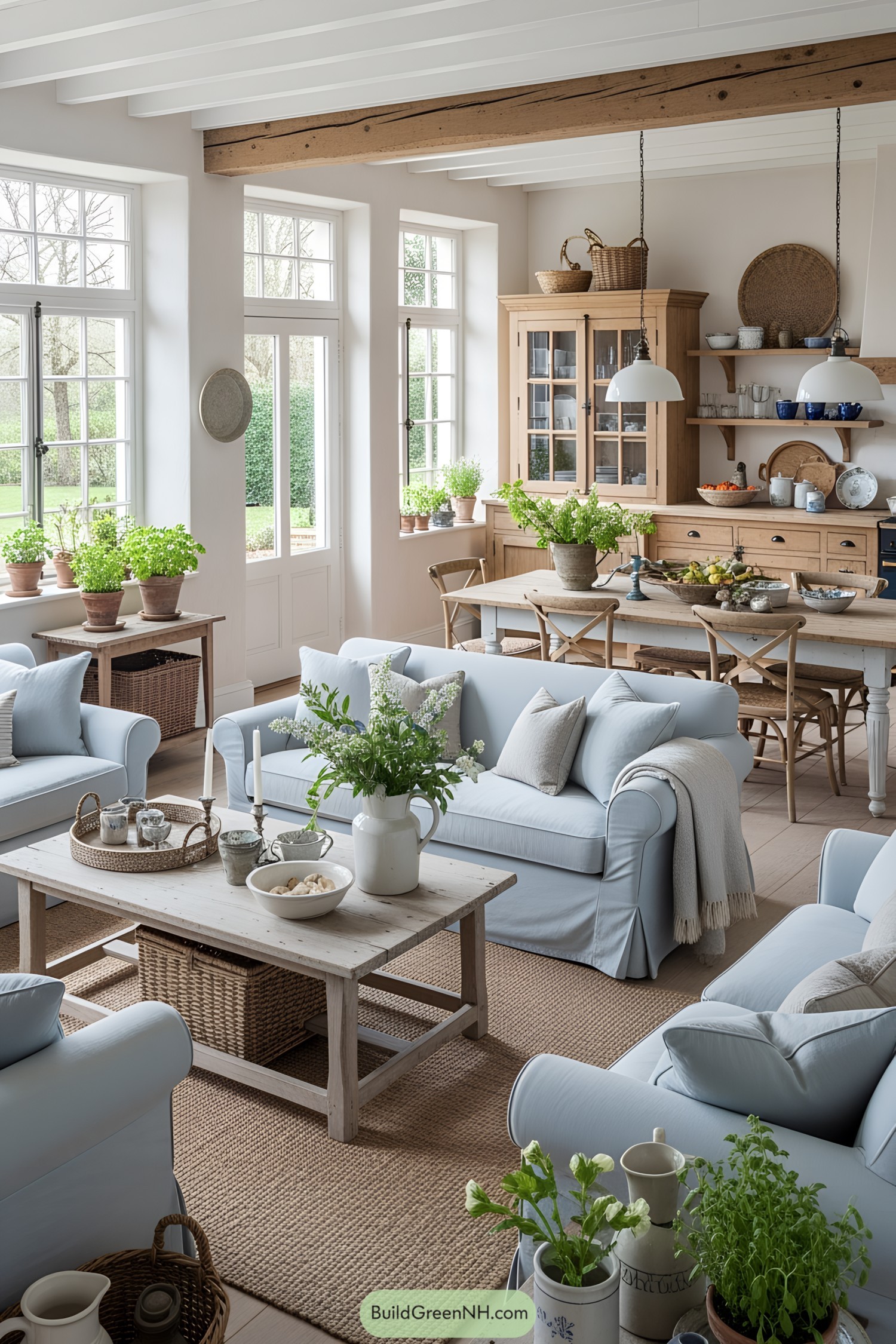 Bright French living room with soft blue sofas and plants
