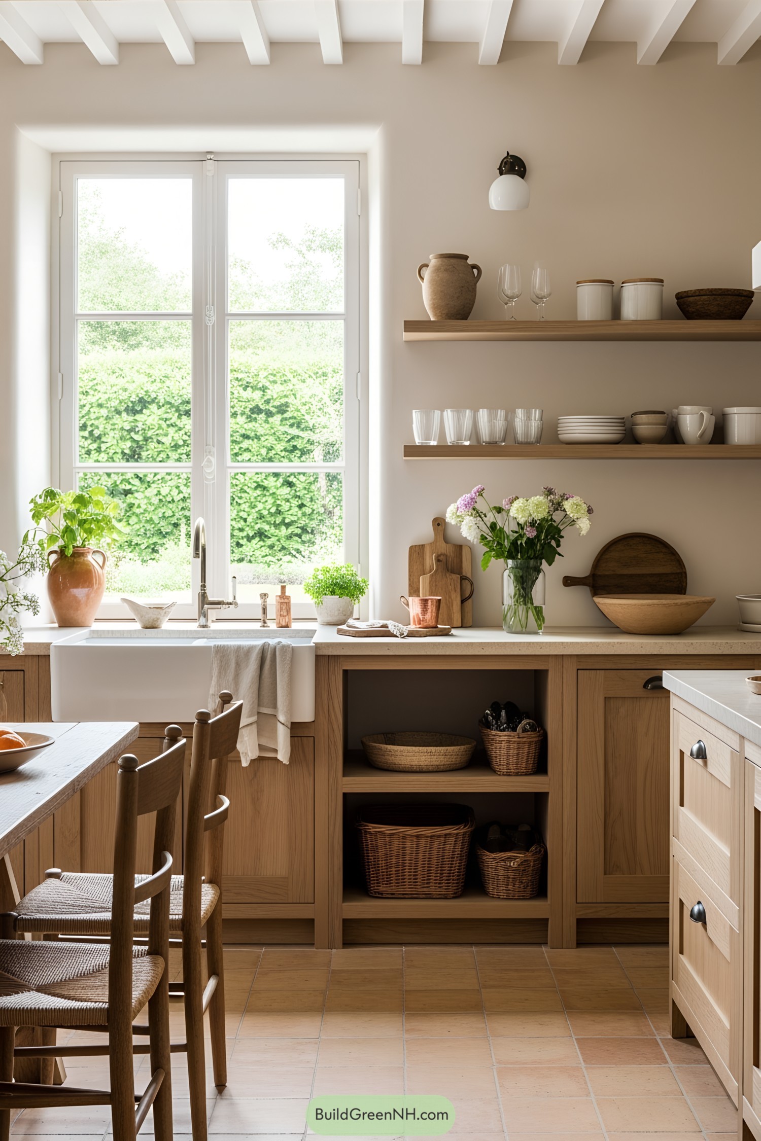 Cozy French cottage kitchen with wooden elements and greenery