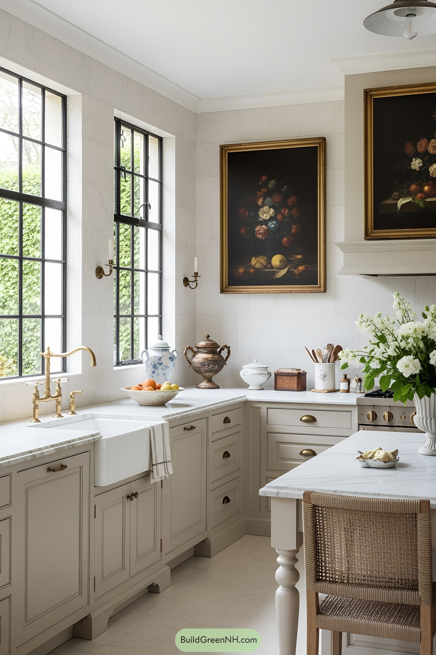 Vintage French kitchen with elegant decor and large windows