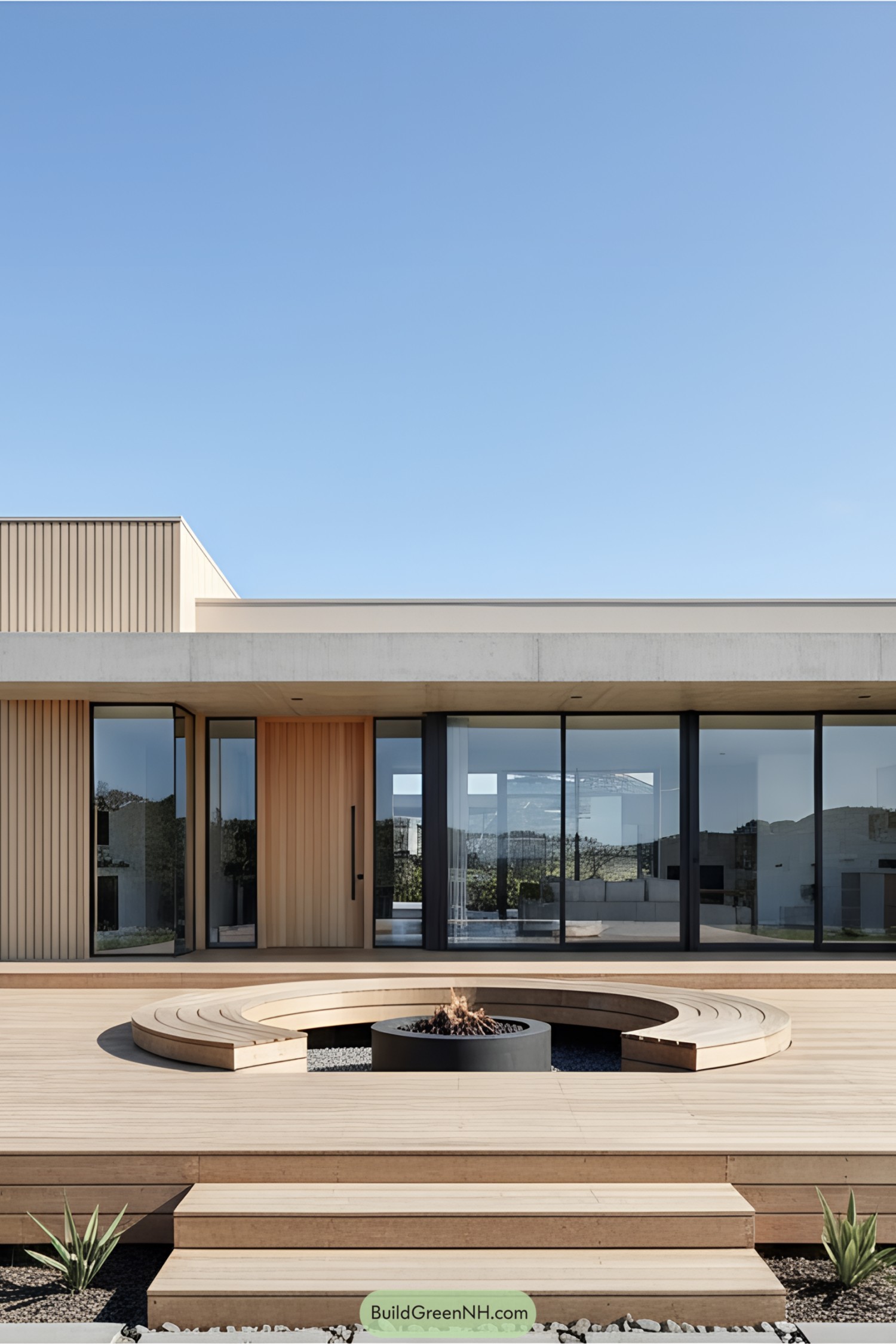 Stylish flat-roofed house with large glass windows and a wooden deck