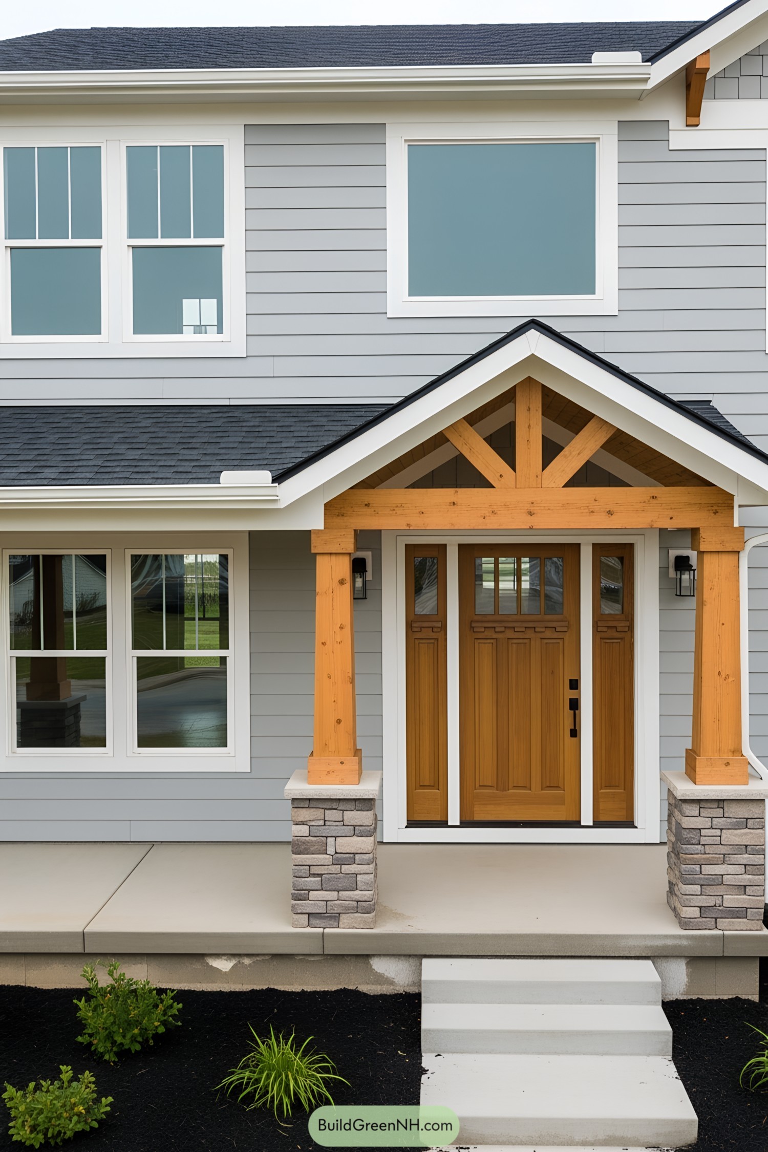 Chic front porch with wooden posts and modern design