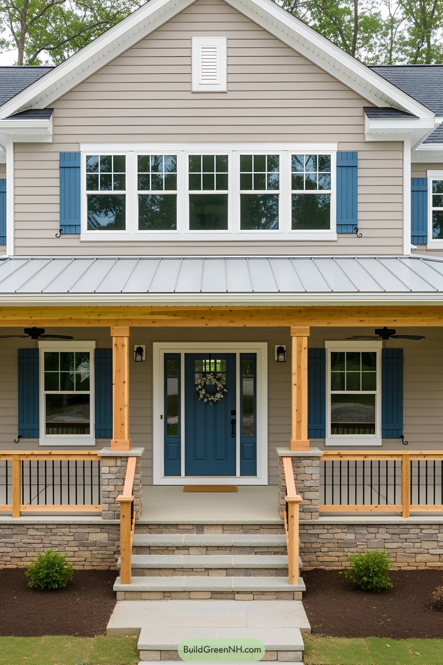 Front porch with wooden posts and blue accents