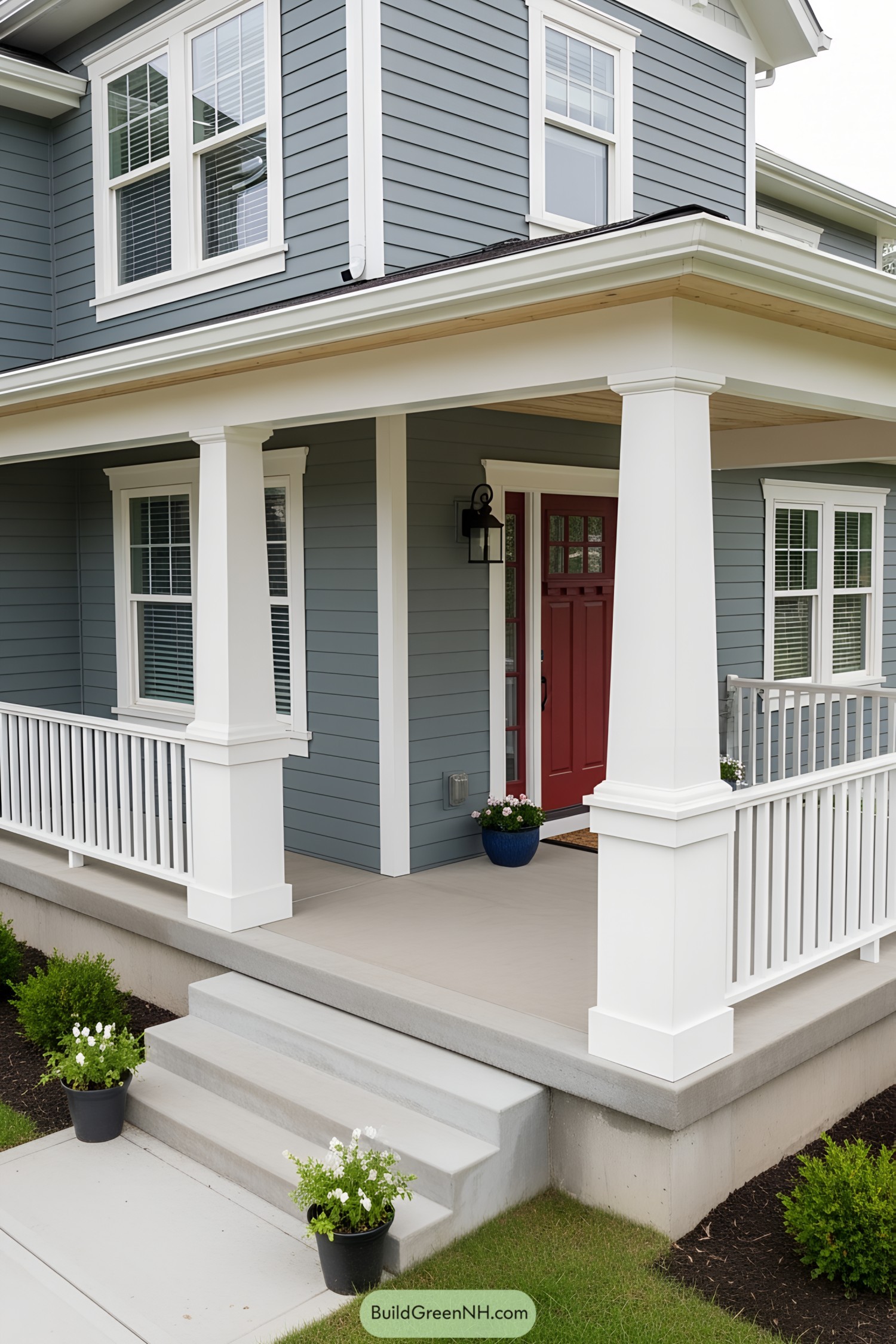 Modern front porch with sturdy white posts