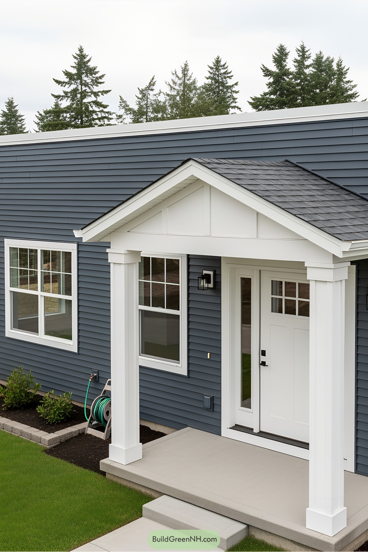 Sleek modern porch with prominent white posts
