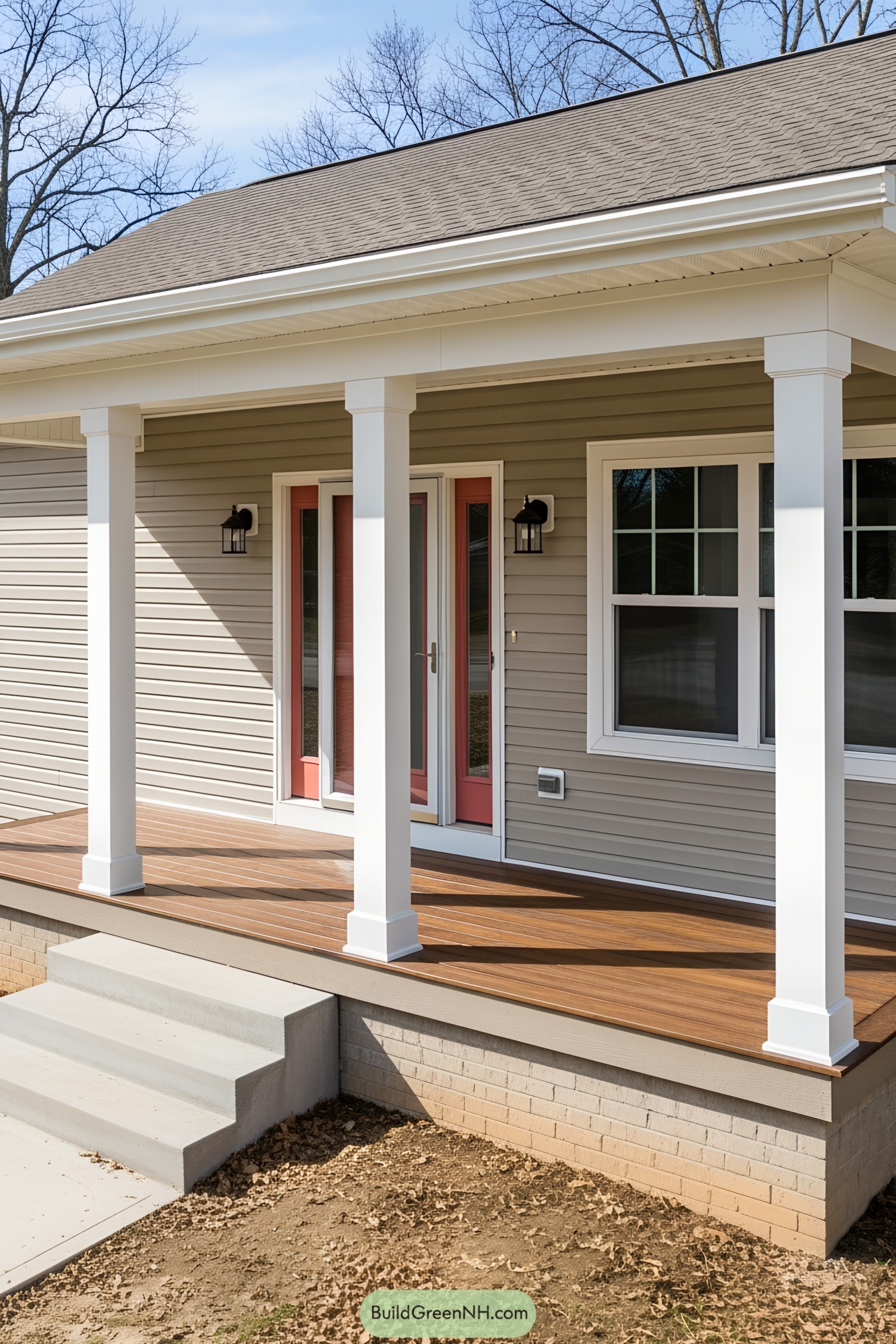 A cozy front porch with white posts and a wooden deck