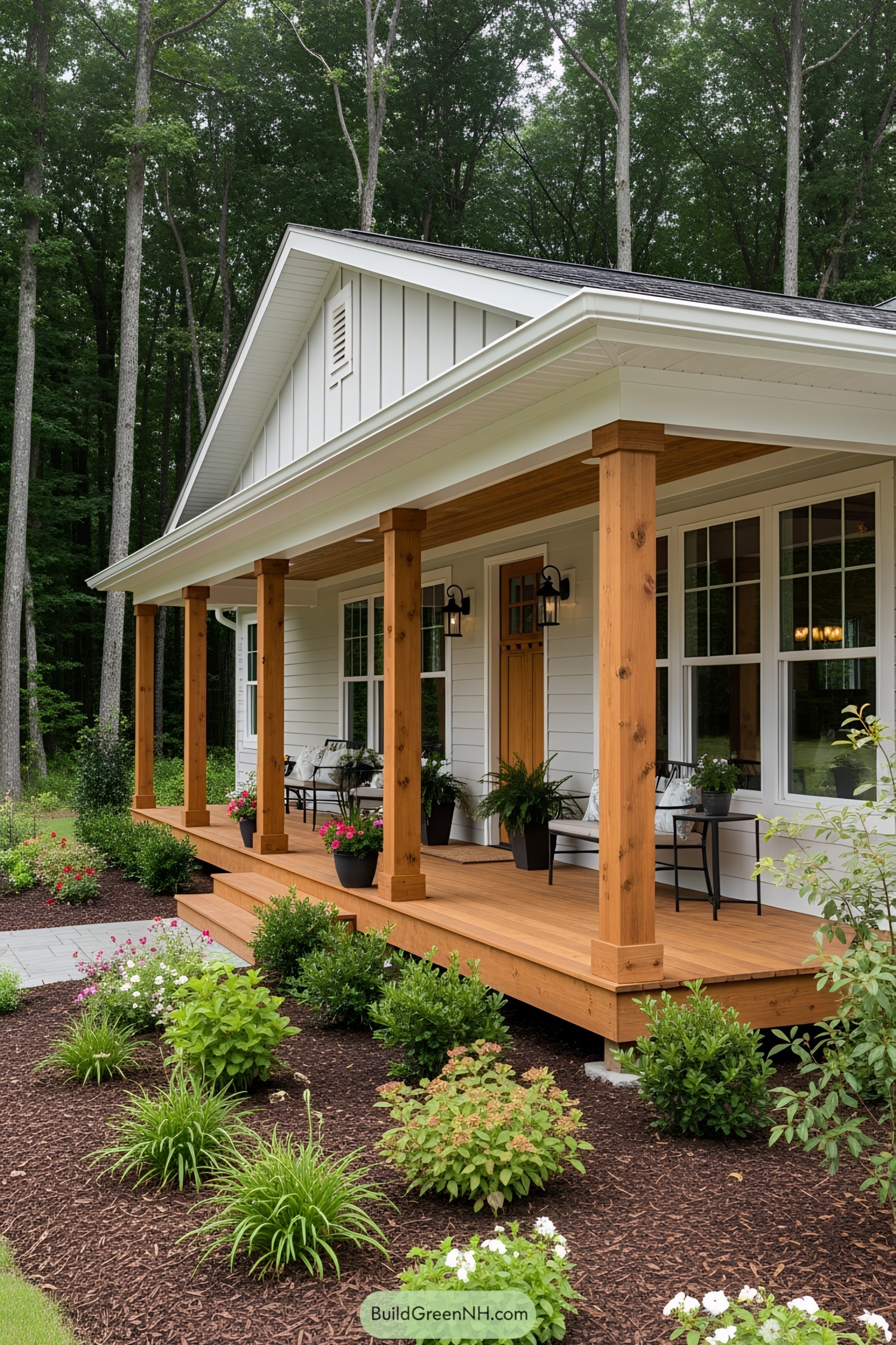 Welcoming porch with wooden posts and lush greenery