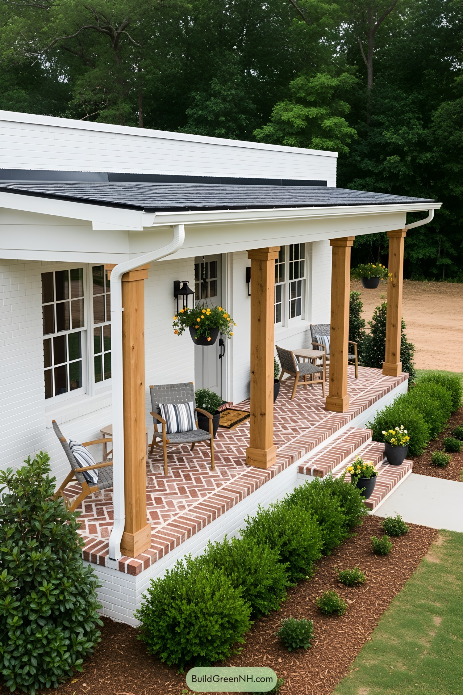 Cozy porch with brick flooring and wooden posts