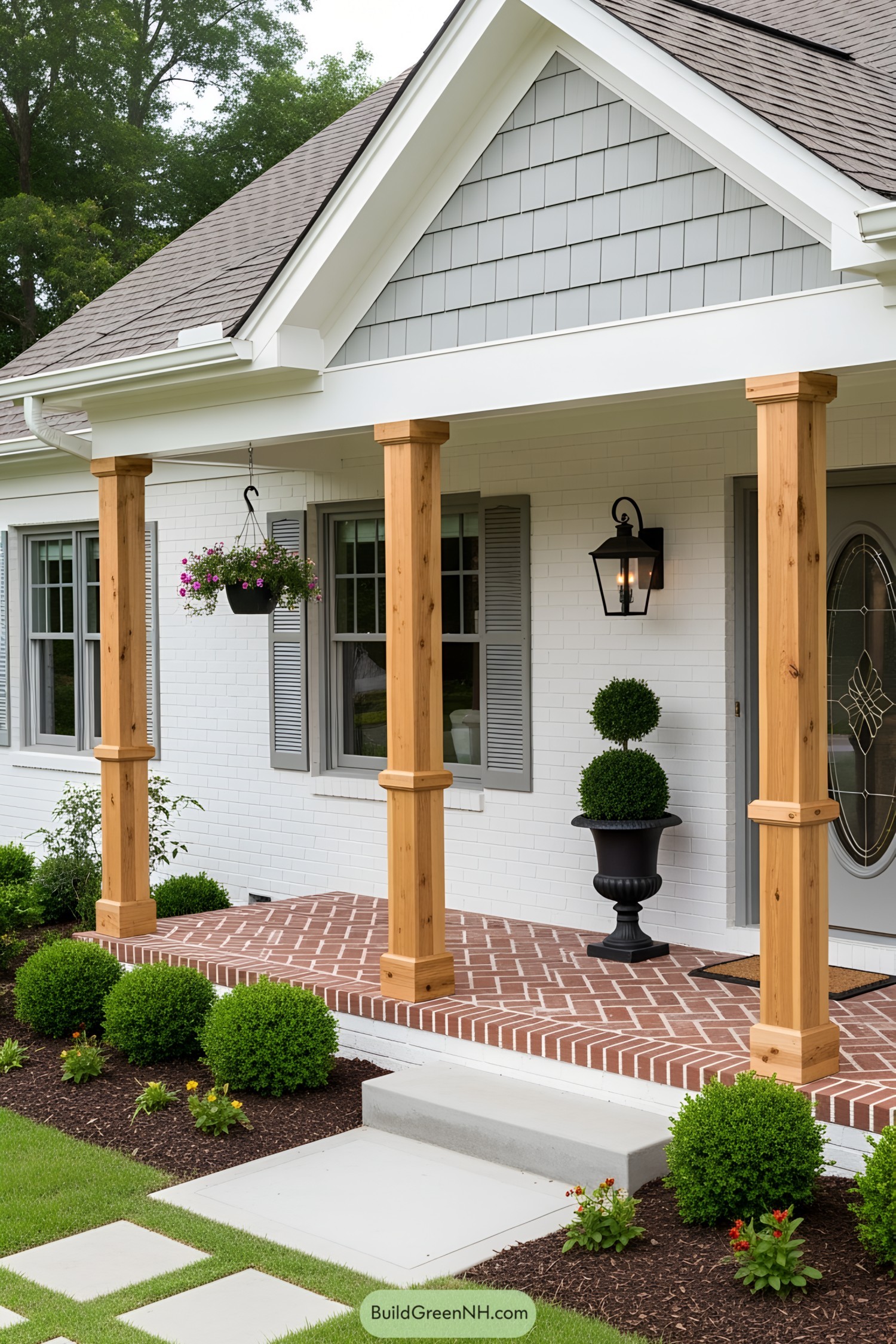 Classic front porch with wooden beams