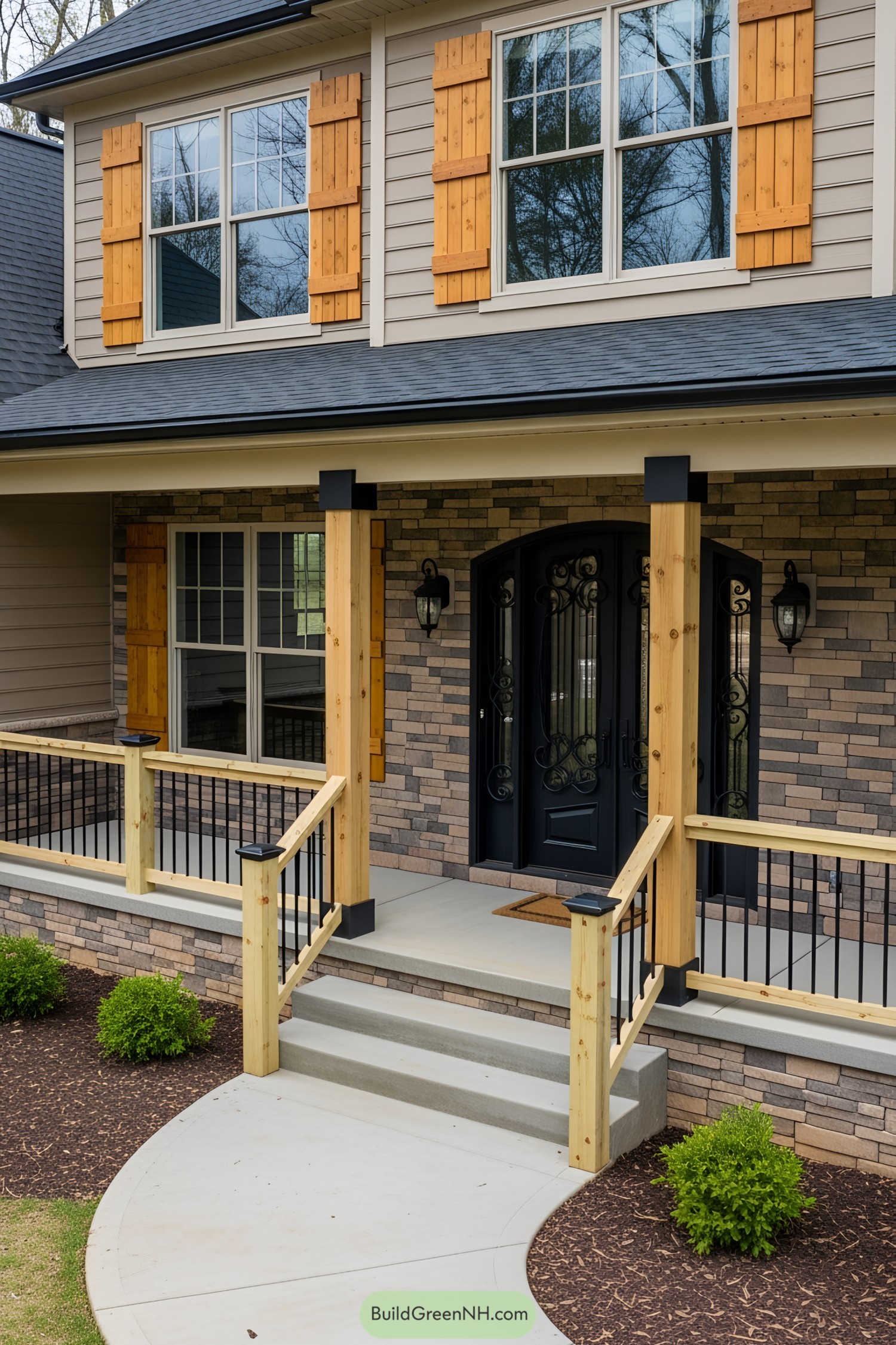 Cozy porch with wooden posts and stone facade