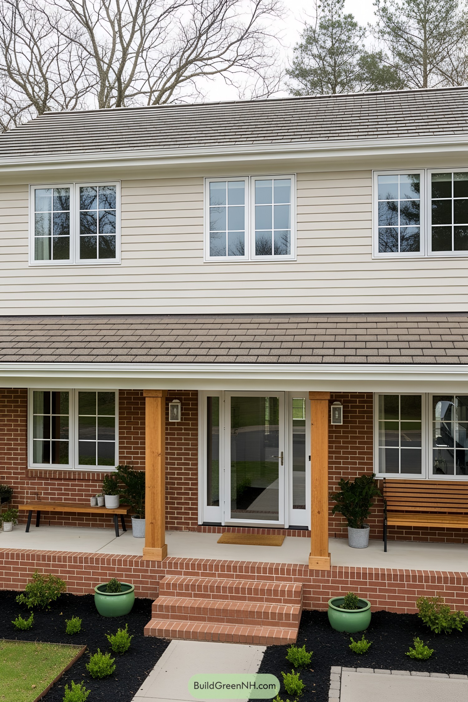 Charming porch with wooden posts and brick detailing