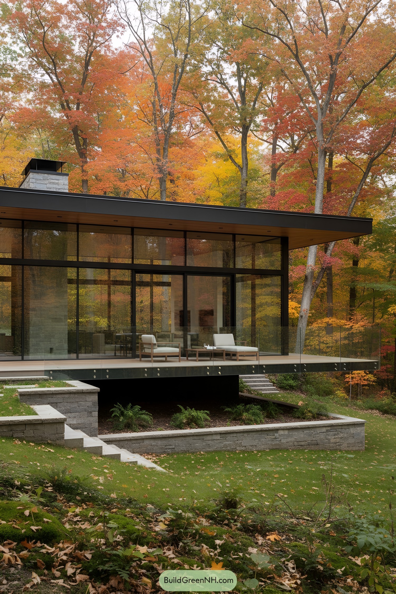 Modern glass house nestled in autumn woods
