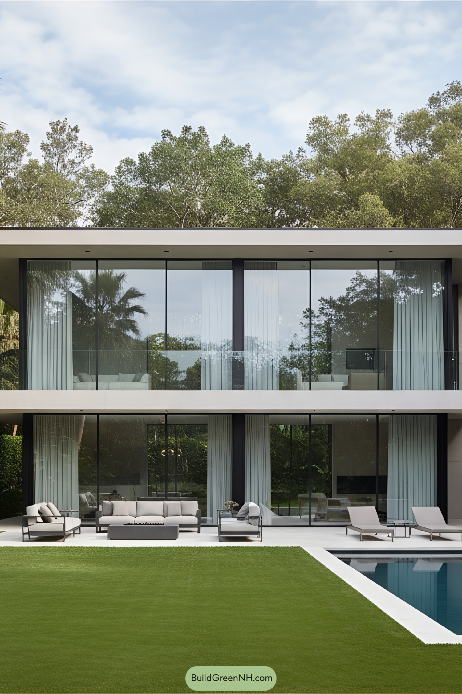 Modern glass house surrounded by trees and lawn