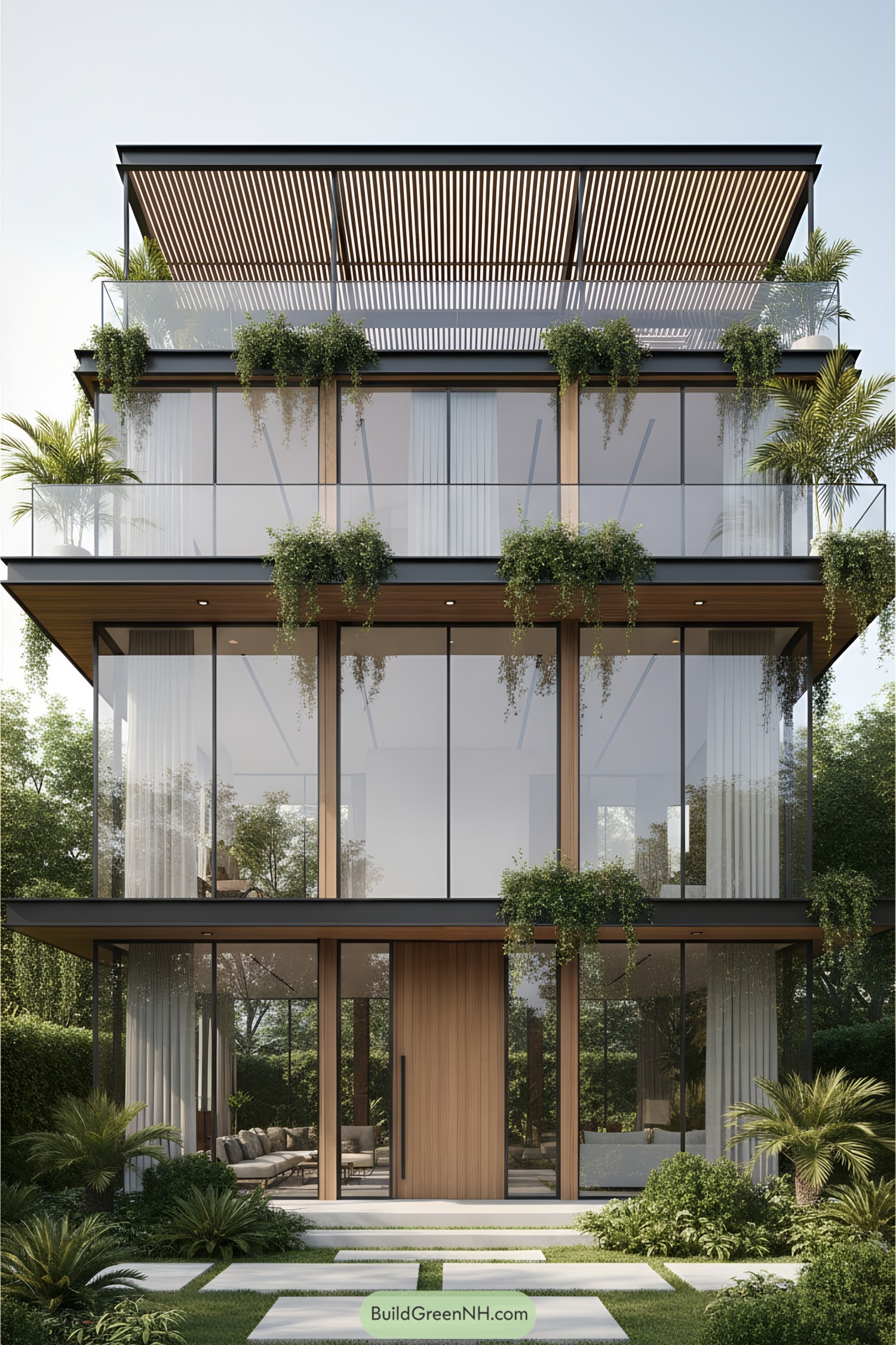 Modern house with glass facade surrounded by greenery