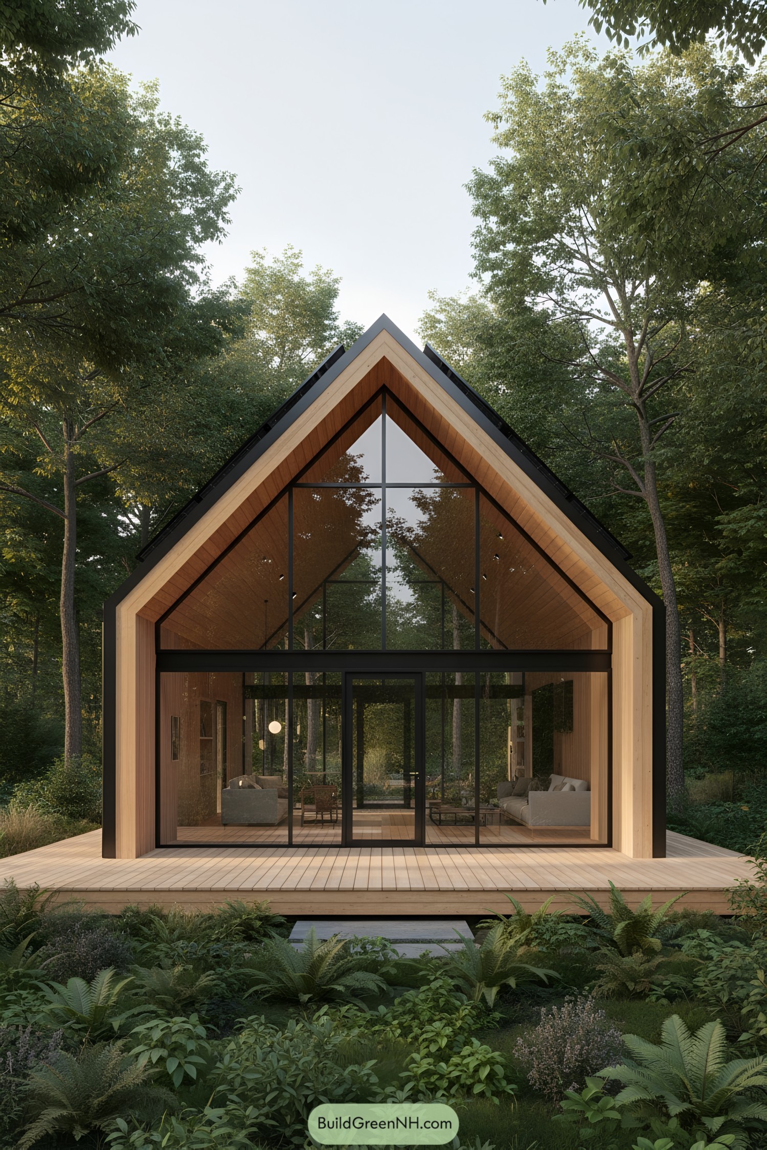 Modern glass house with lush surroundings